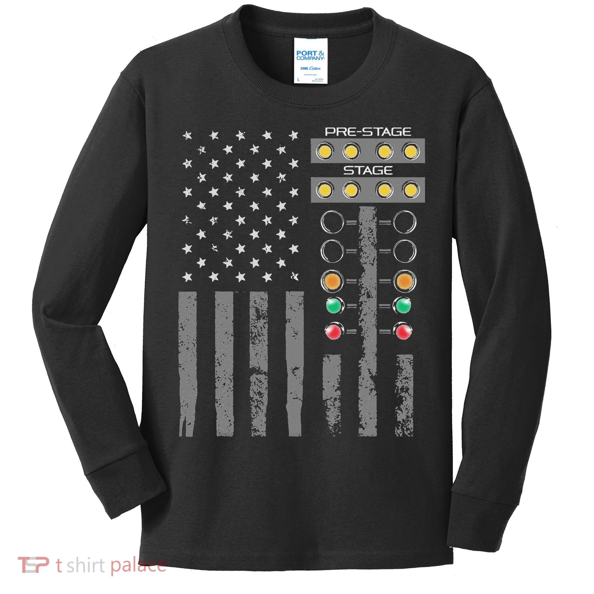 American Flag Drag Racing Strip Tree Light For Dragster Kids Long Sleeve Shirt