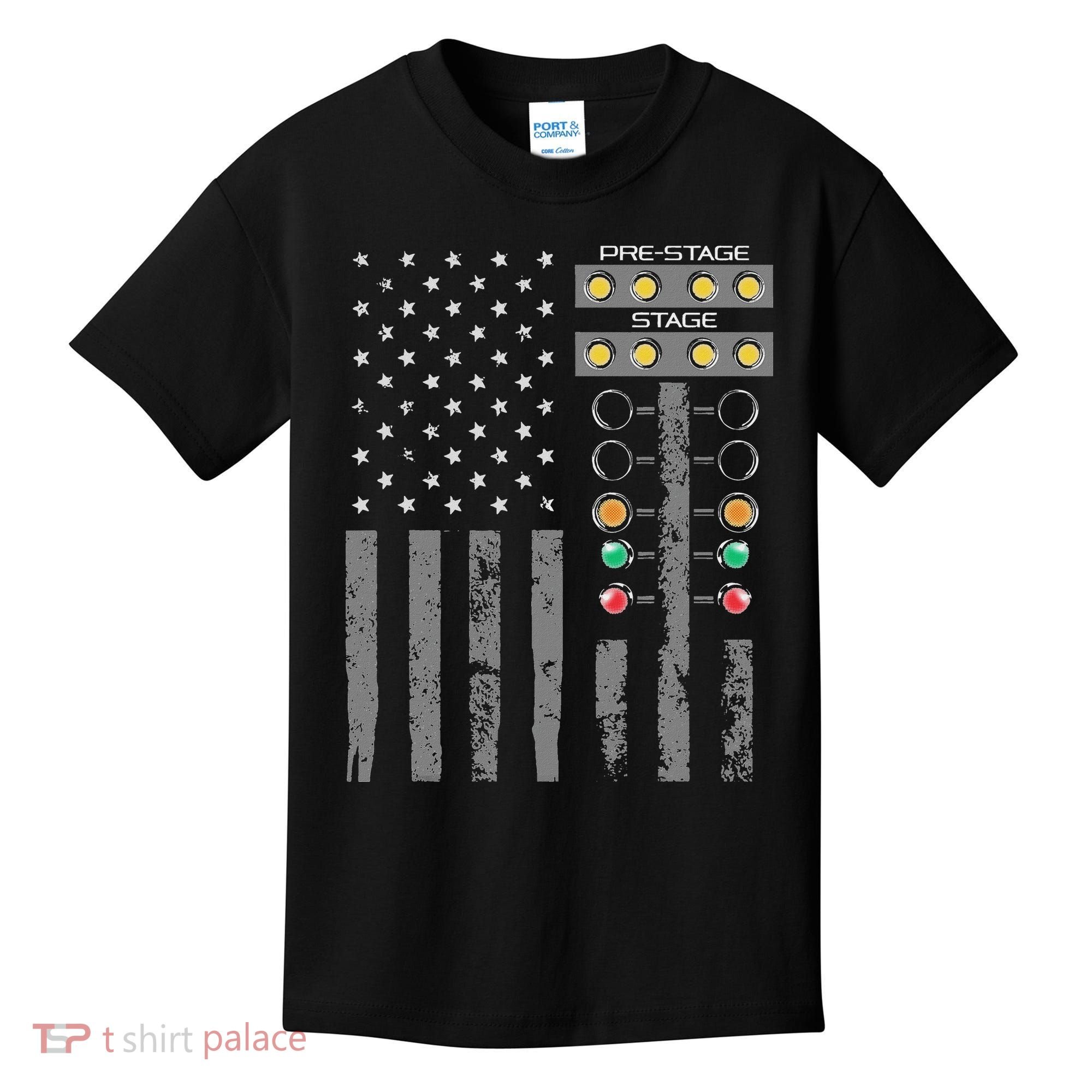 American Flag Drag Racing Strip Tree Light For Dragster Kids T-Shirt