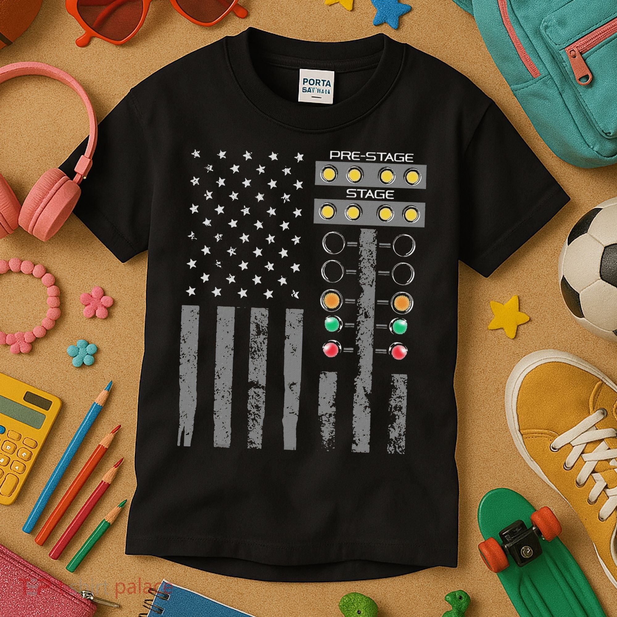 American Flag Drag Racing Strip Tree Light For Dragster Kids T-Shirt