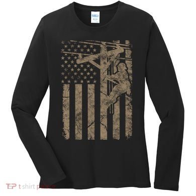 American Flag Distressed Patriotic Electric Cable Lineman Gift Women's Long Sleeve Shirt