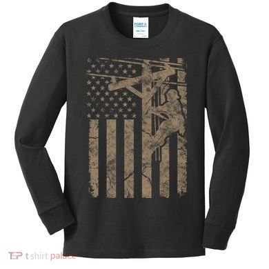 American Flag Distressed Patriotic Electric Cable Lineman Gift Kids Long Sleeve Shirt