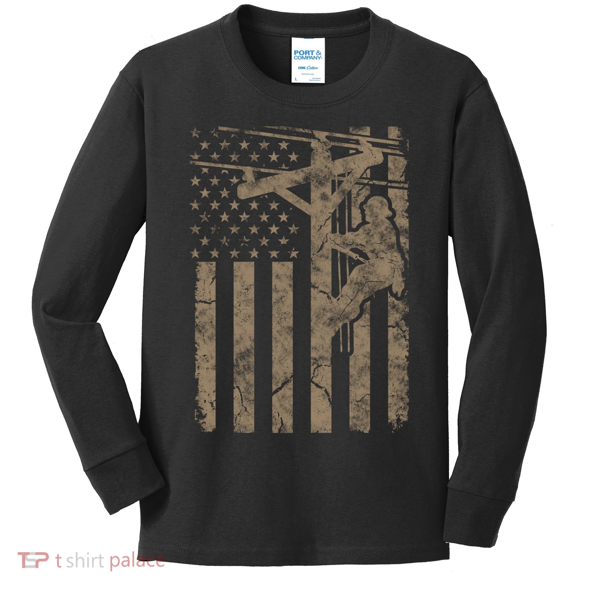 American Flag Distressed Patriotic Electric Cable Lineman Gift Kids Long Sleeve Shirt