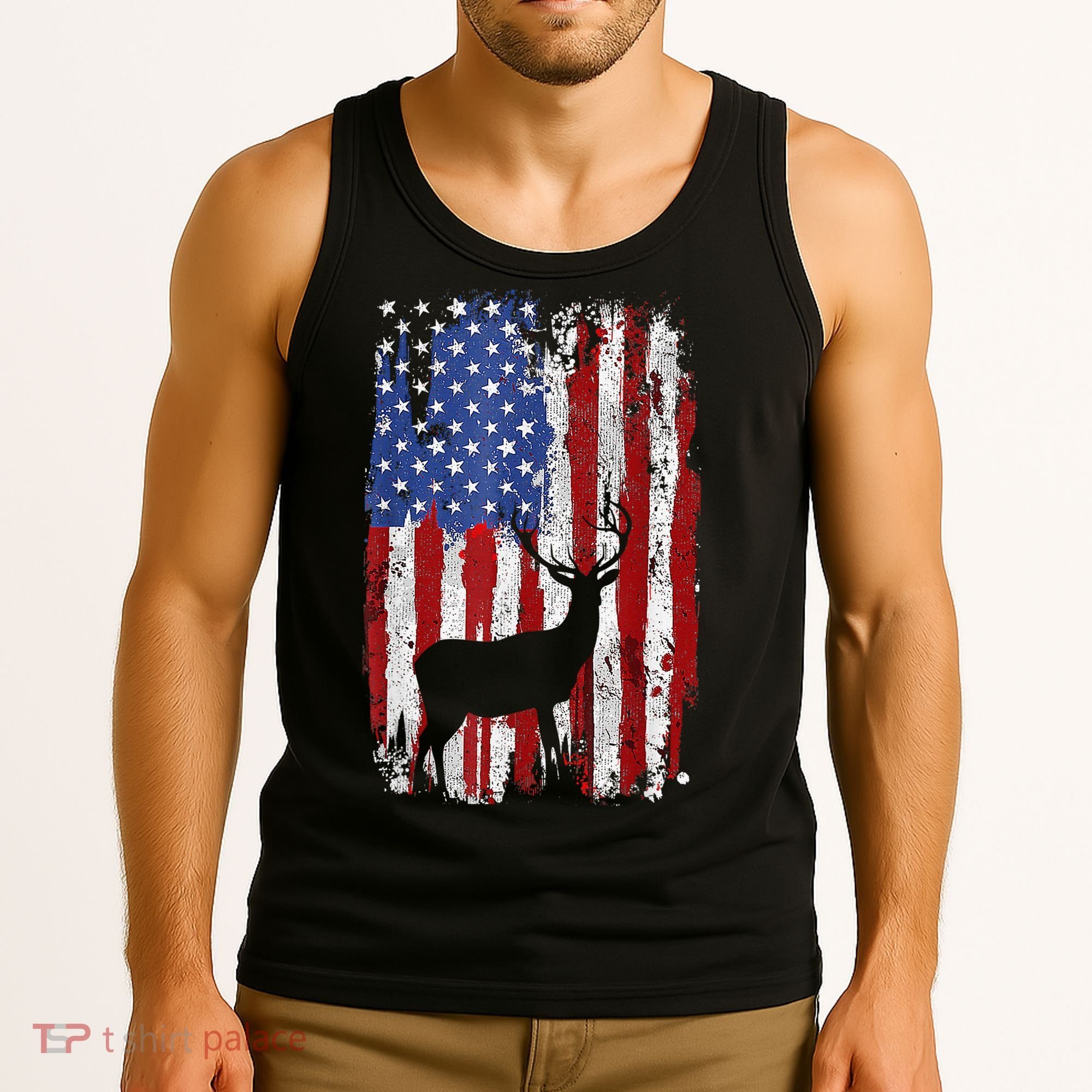 American Flag Deer Hunters Deer on American Flag Tank Top