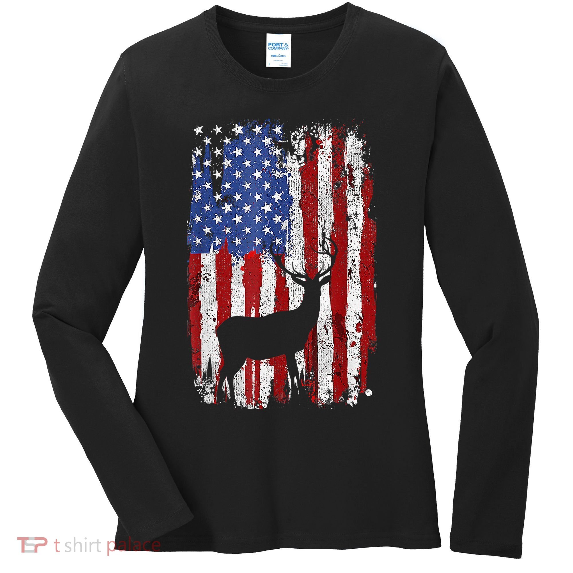 American Flag Deer Hunters Deer on American Flag Women's Long Sleeve Shirt