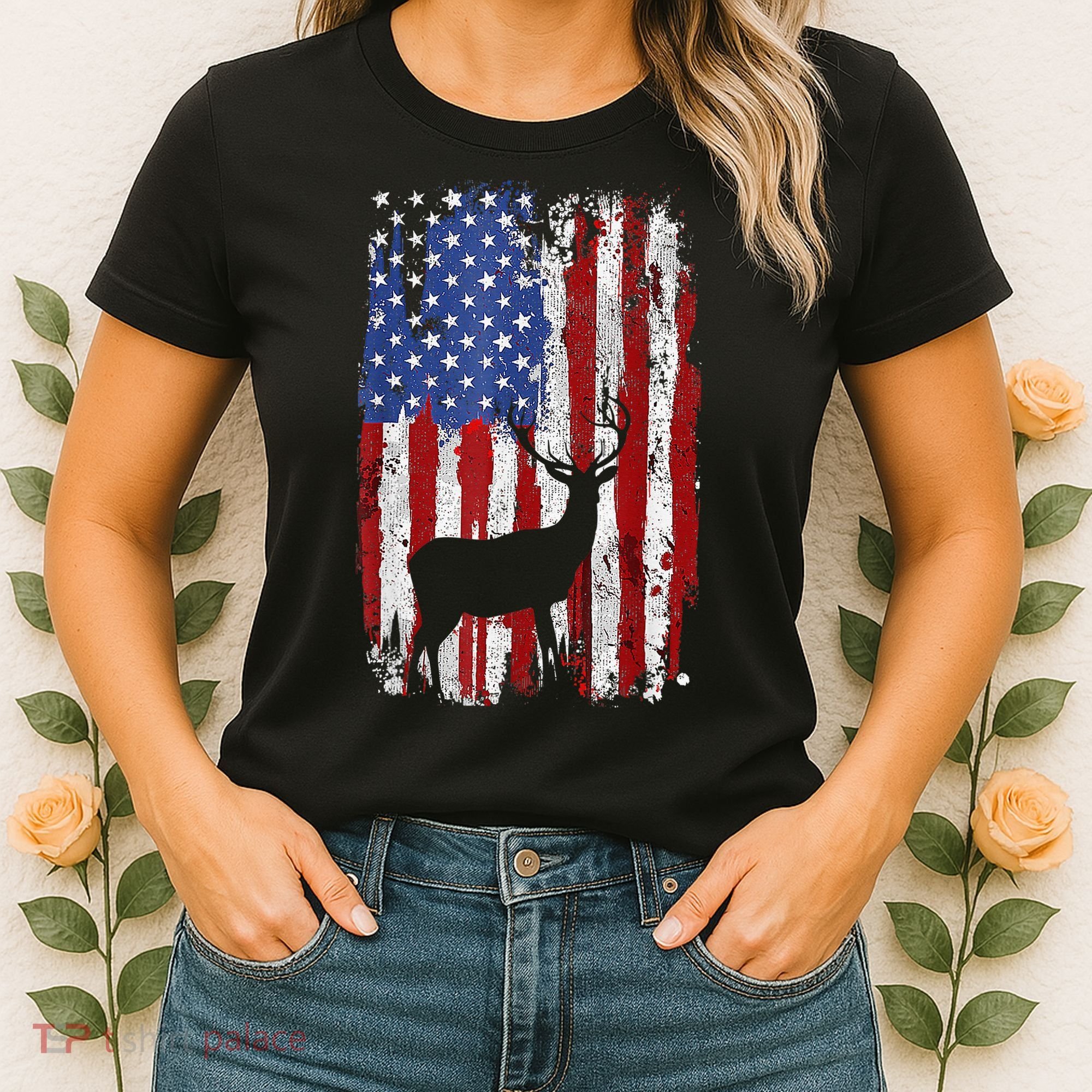 American Flag Deer Hunters Deer on American Flag Women's T-Shirt