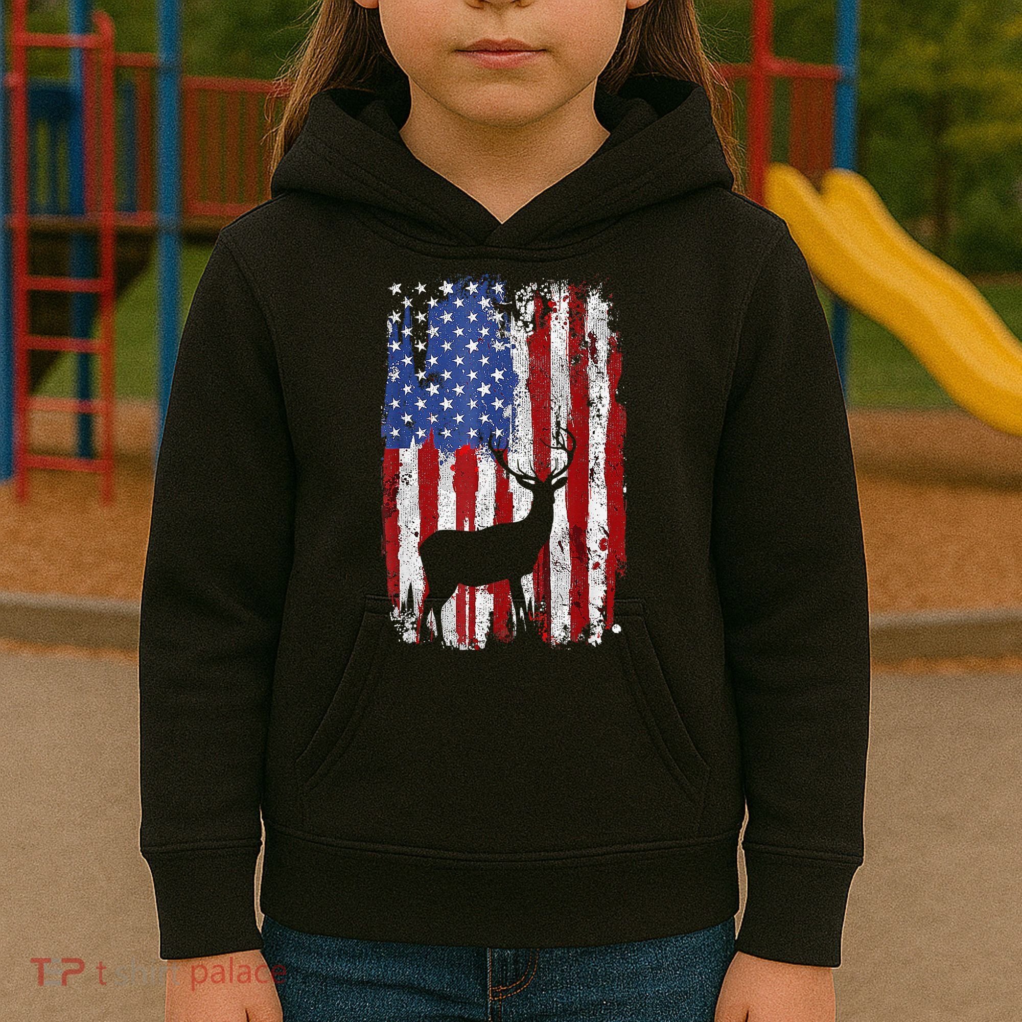 American Flag Deer Hunters Deer on American Flag Kids Hoodie