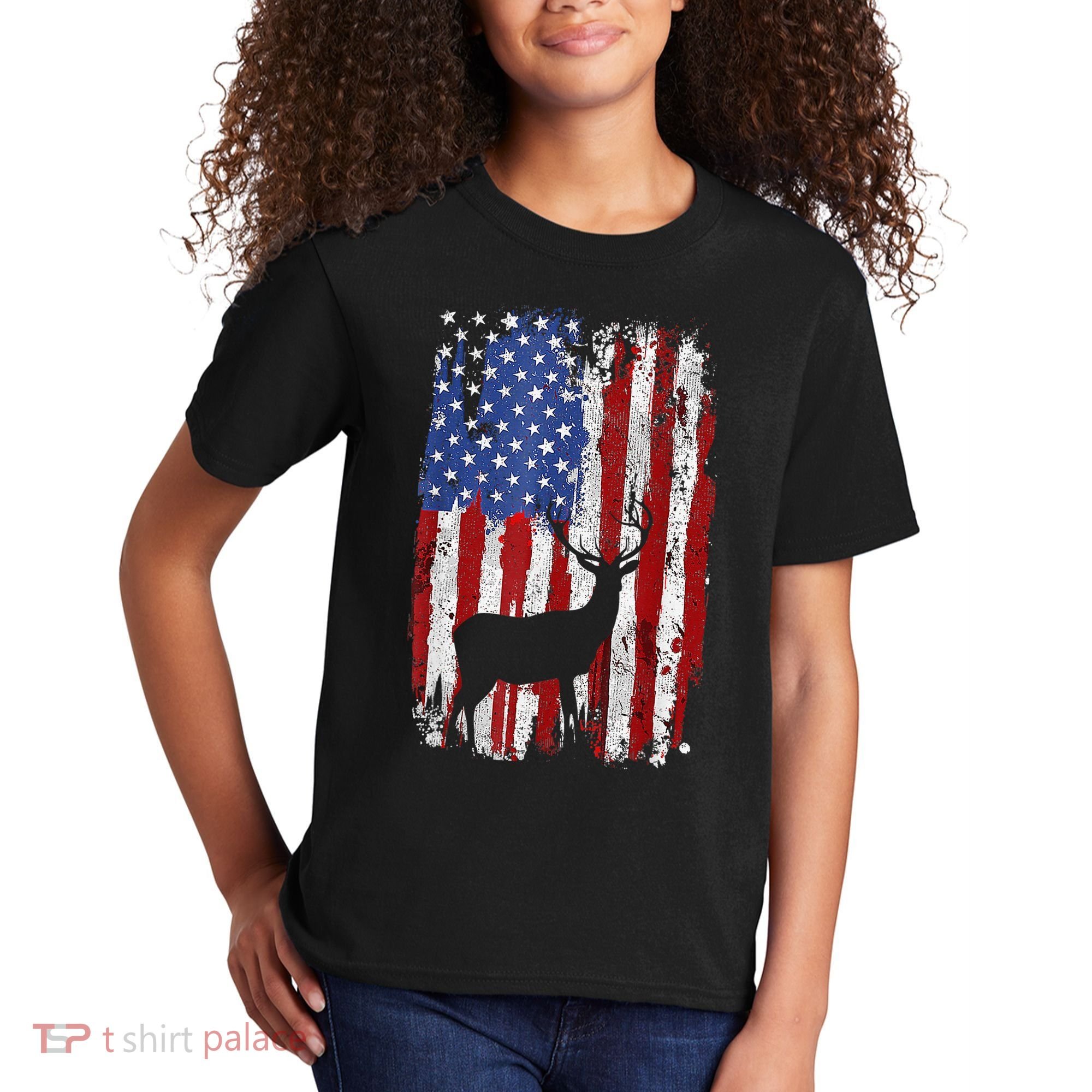 American Flag Deer Hunters Deer on American Flag Kids T-Shirt