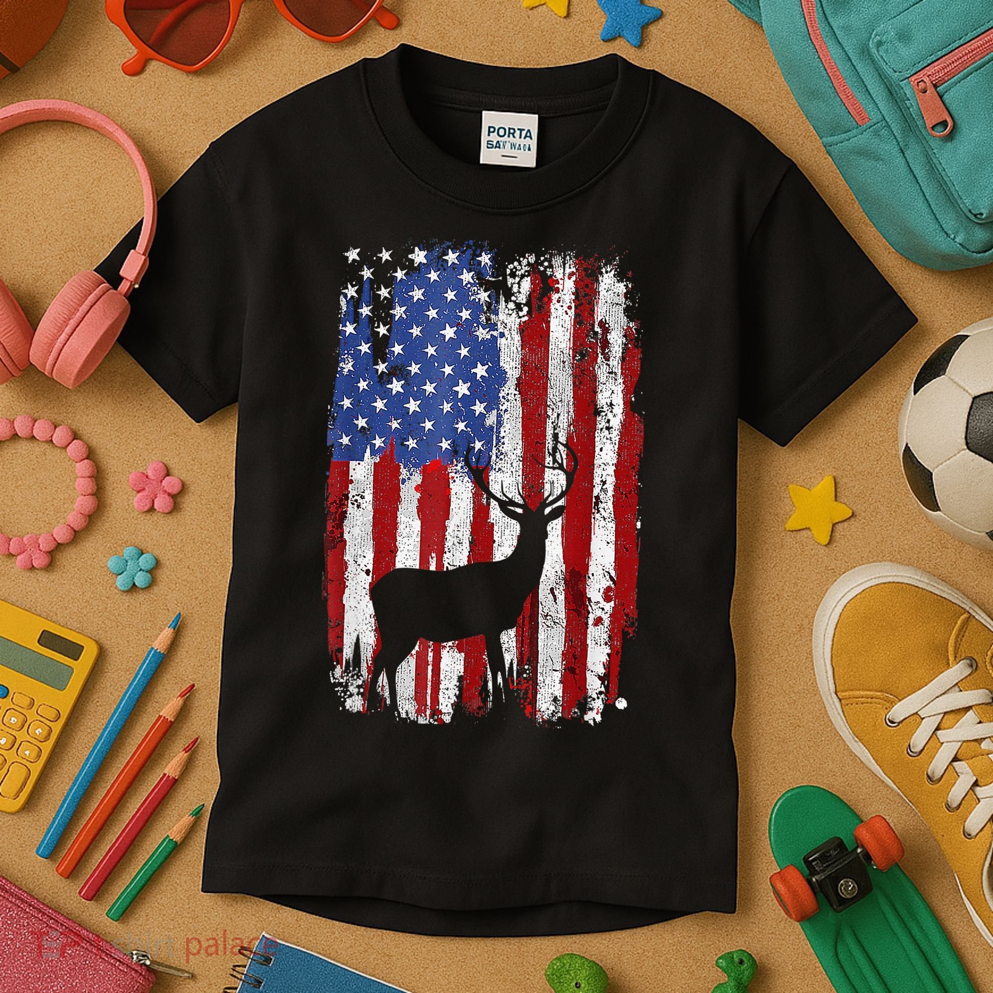 American Flag Deer Hunters Deer on American Flag Kids T-Shirt