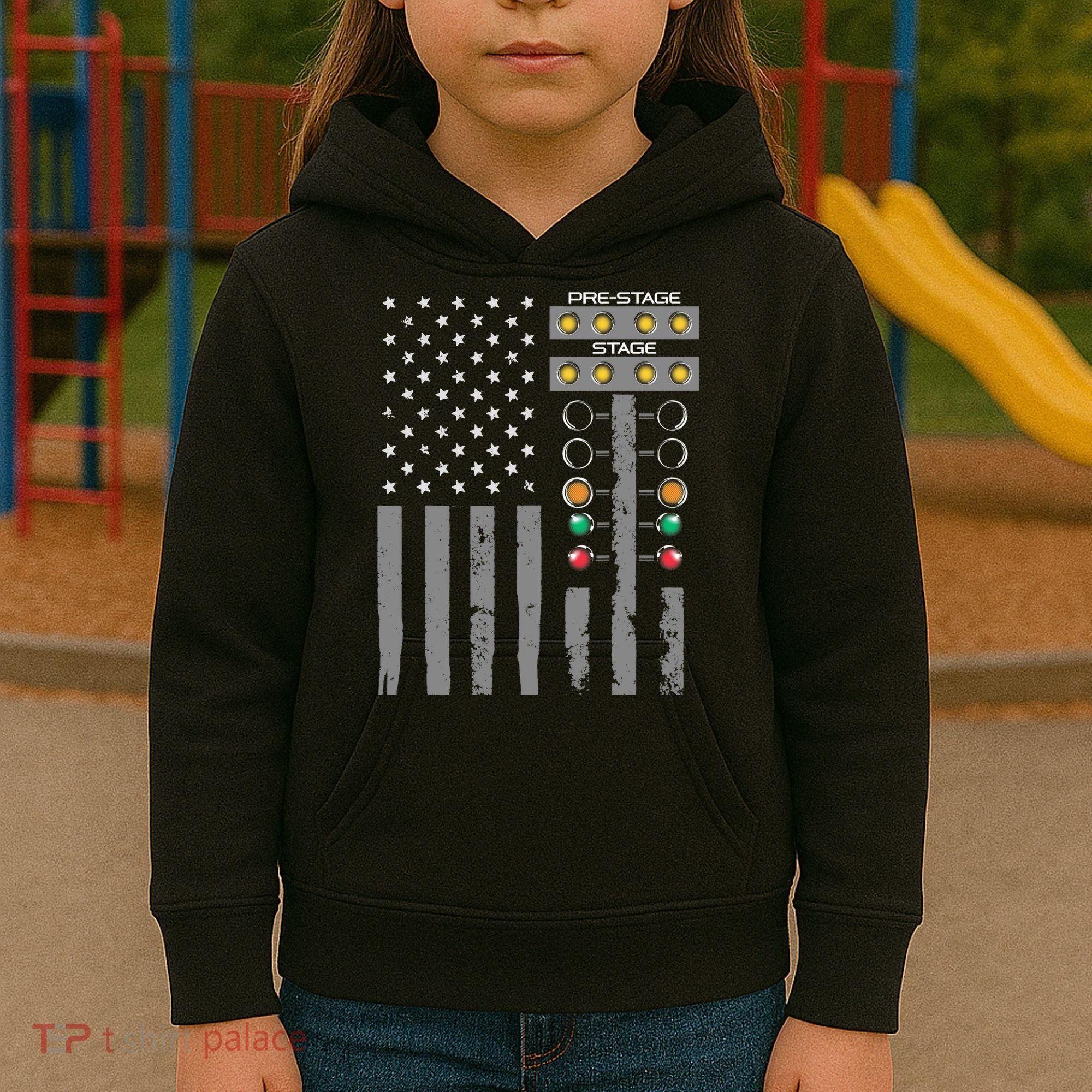 American Flag Drag Racing Strip Tree Light For Dragster Kids Hoodie