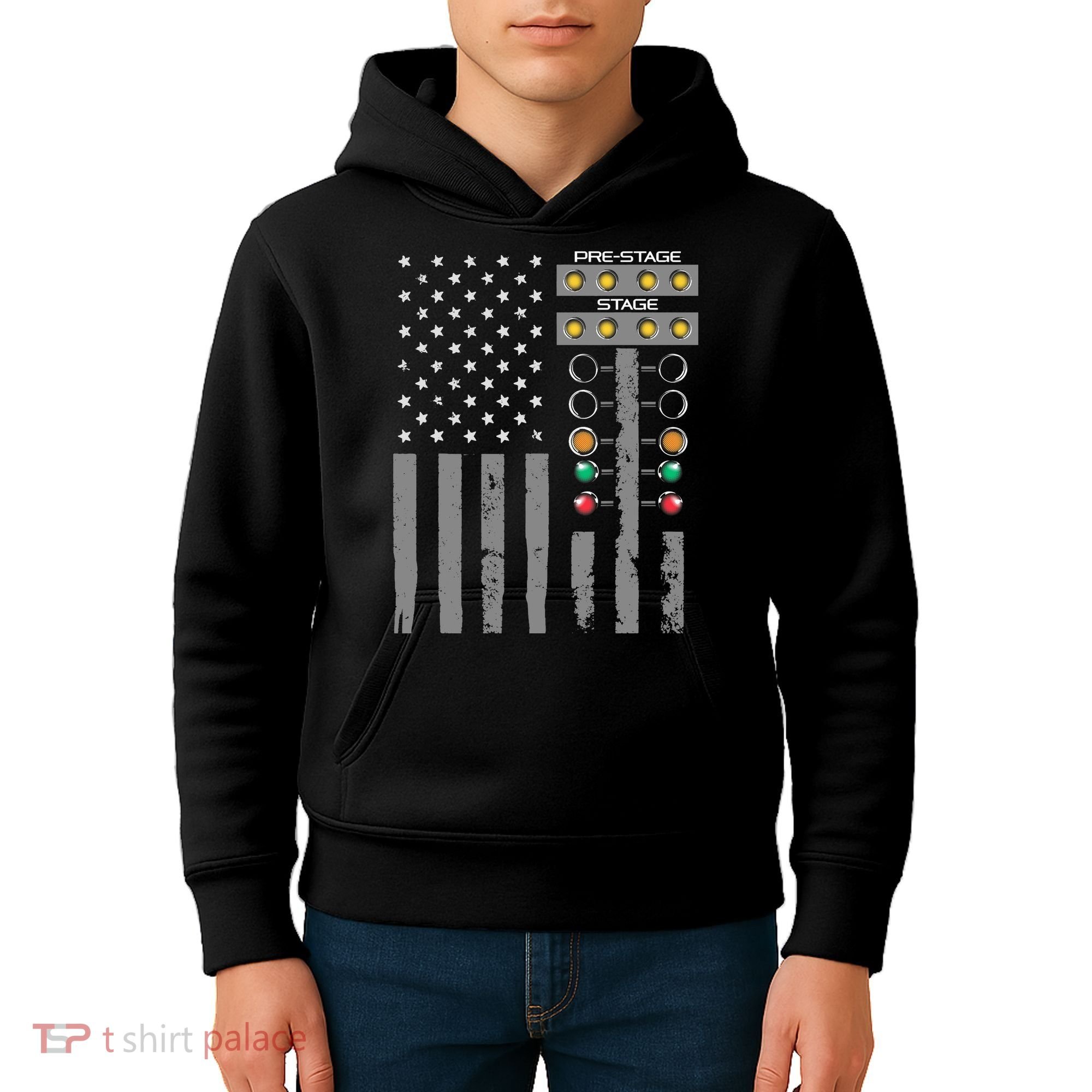 American Flag Drag Racing Strip Tree Light For Dragster Kids Hoodie
