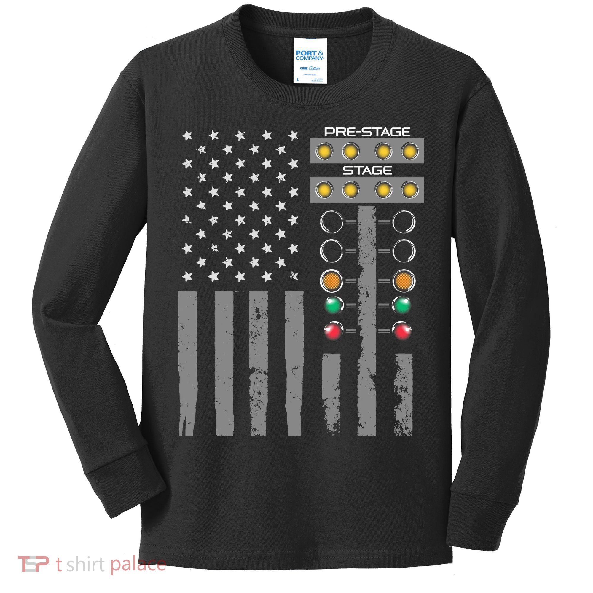 American Flag Drag Racing Strip Tree Light For Dragster Kids Long Sleeve Shirt