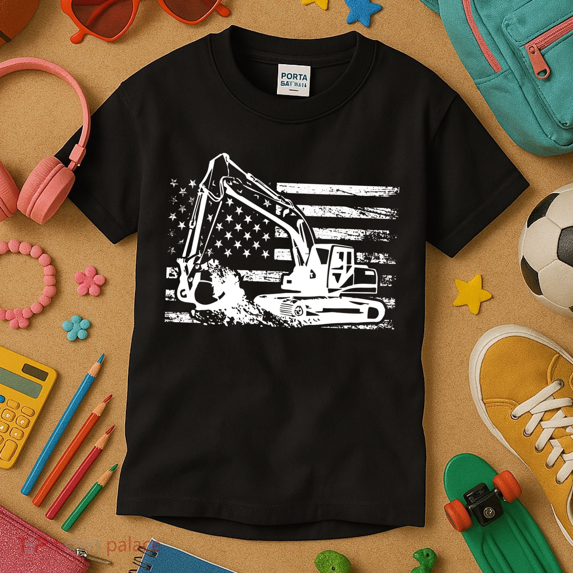 American Flag Excavator Kids T-Shirt