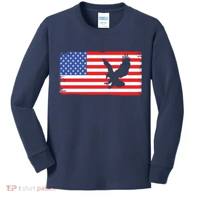 American Flag Flying Eagle Kids Long Sleeve Shirt