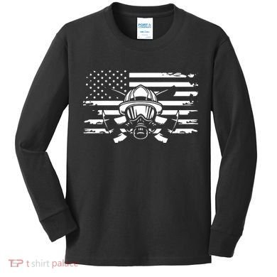 American Flag Fireman Firefighter Apparel Fireman Kids Long Sleeve Shirt