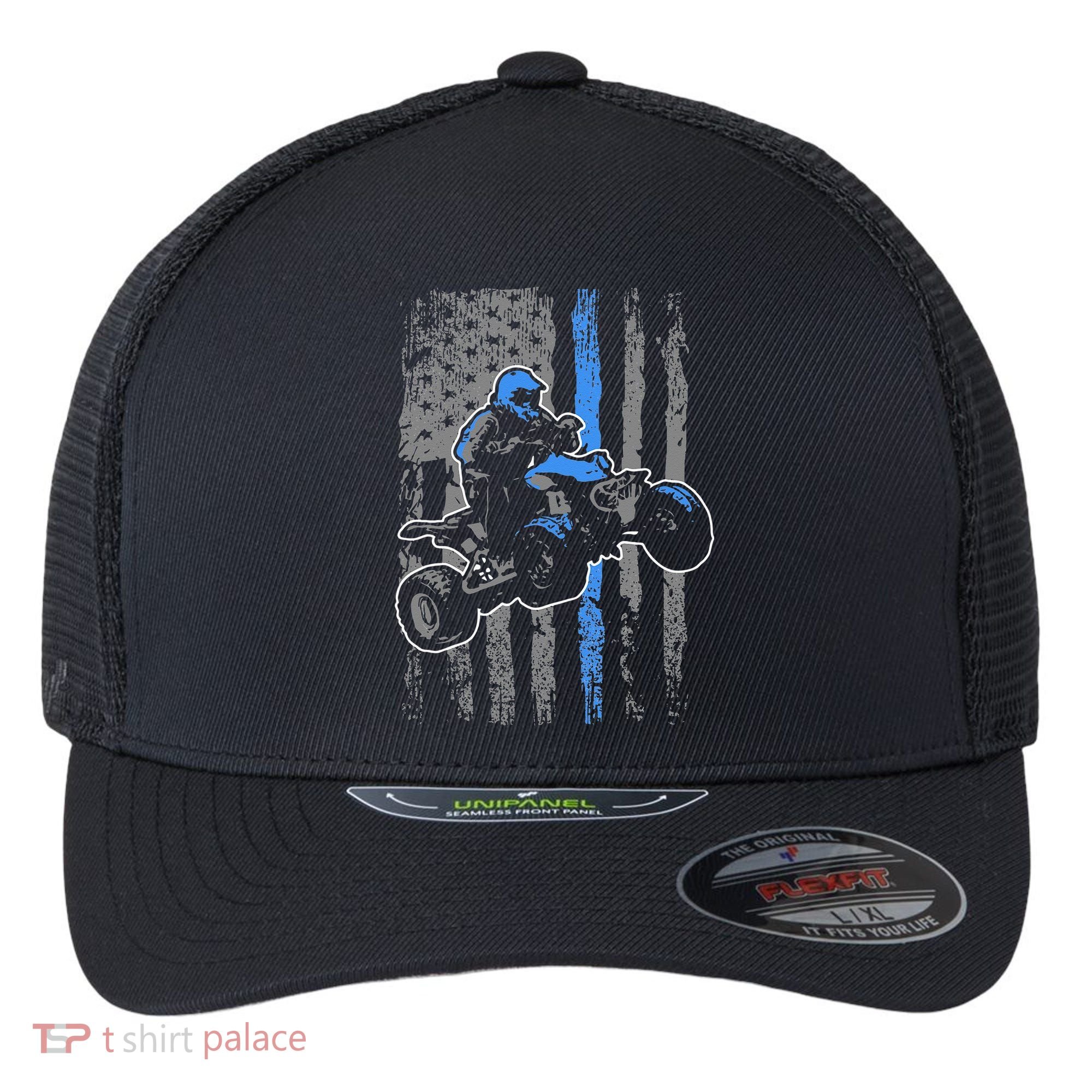 American Flag Four Wheeler Quad Men ATV Riding Gift Flexfit Unipanel Trucker Cap