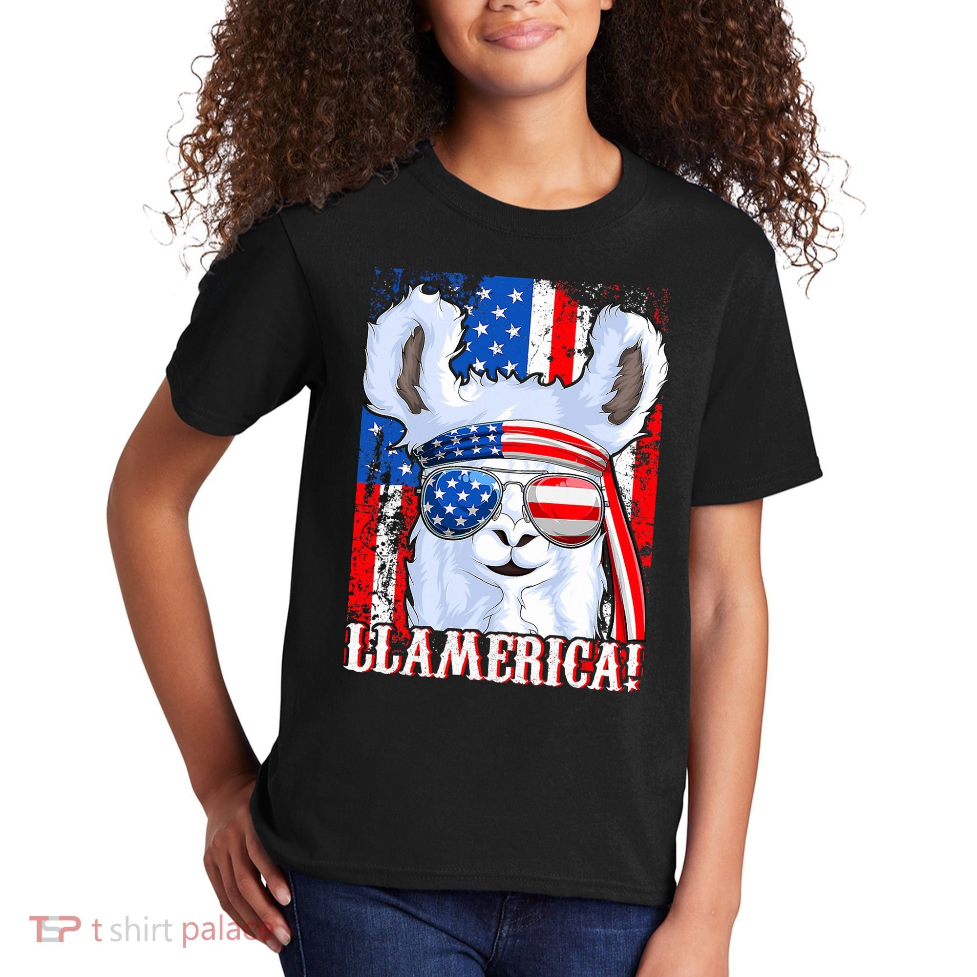 American Flag Funny 4th Of July Llamerica Kids T-Shirt