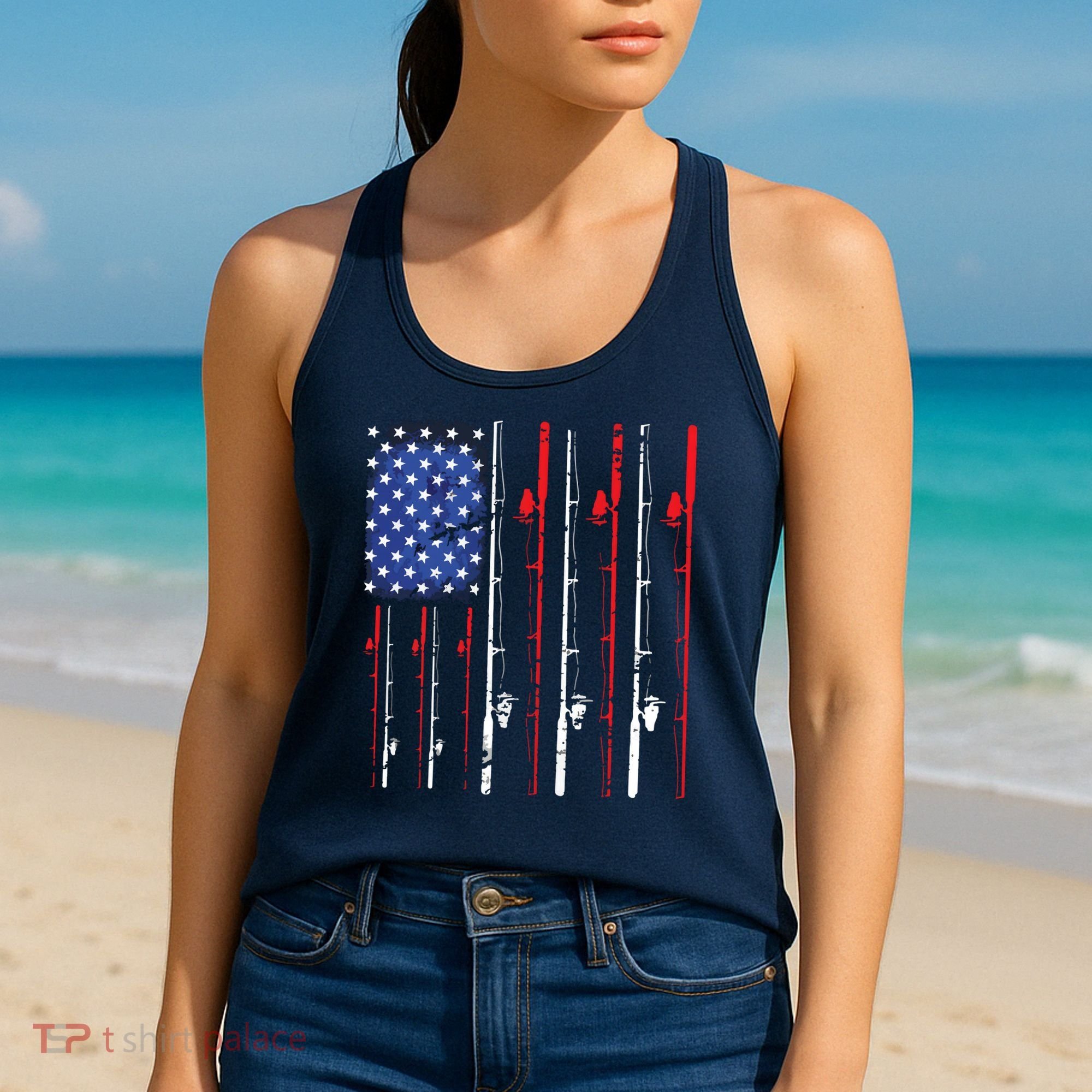 American Flag Fishing Rod Fishing Lover Women's Tank Top