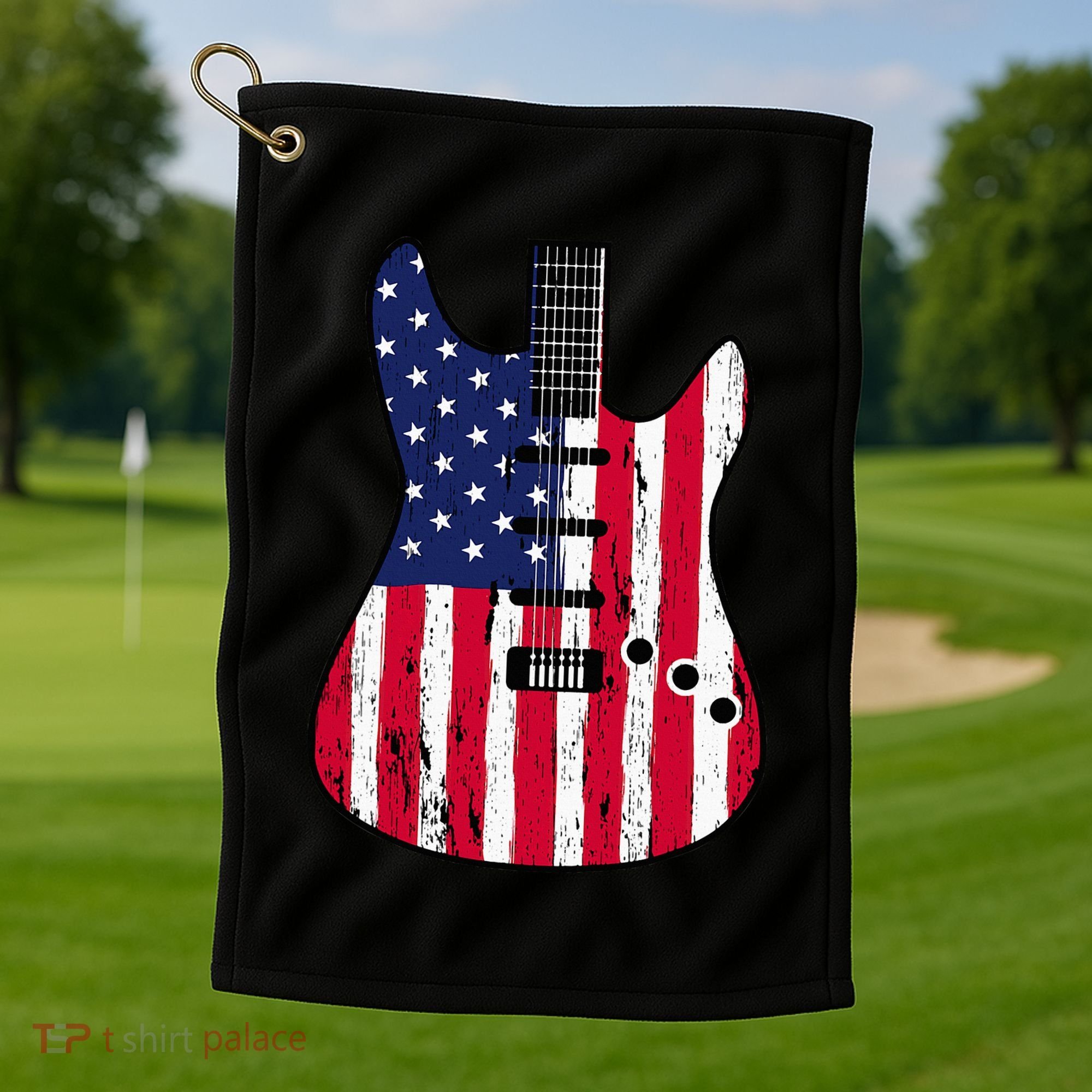 American Flag Guitar Funny Usa Guitarist Outfit Golf Towel