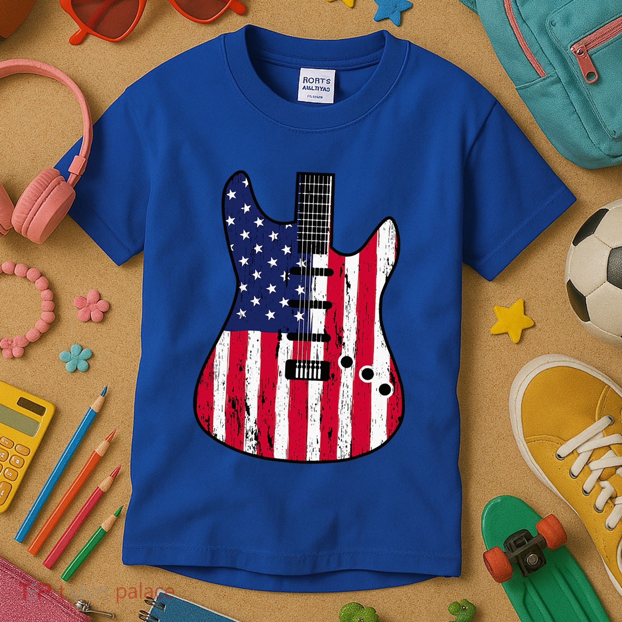 American Flag Guitar Funny Usa Guitarist Outfit Kids T-Shirt