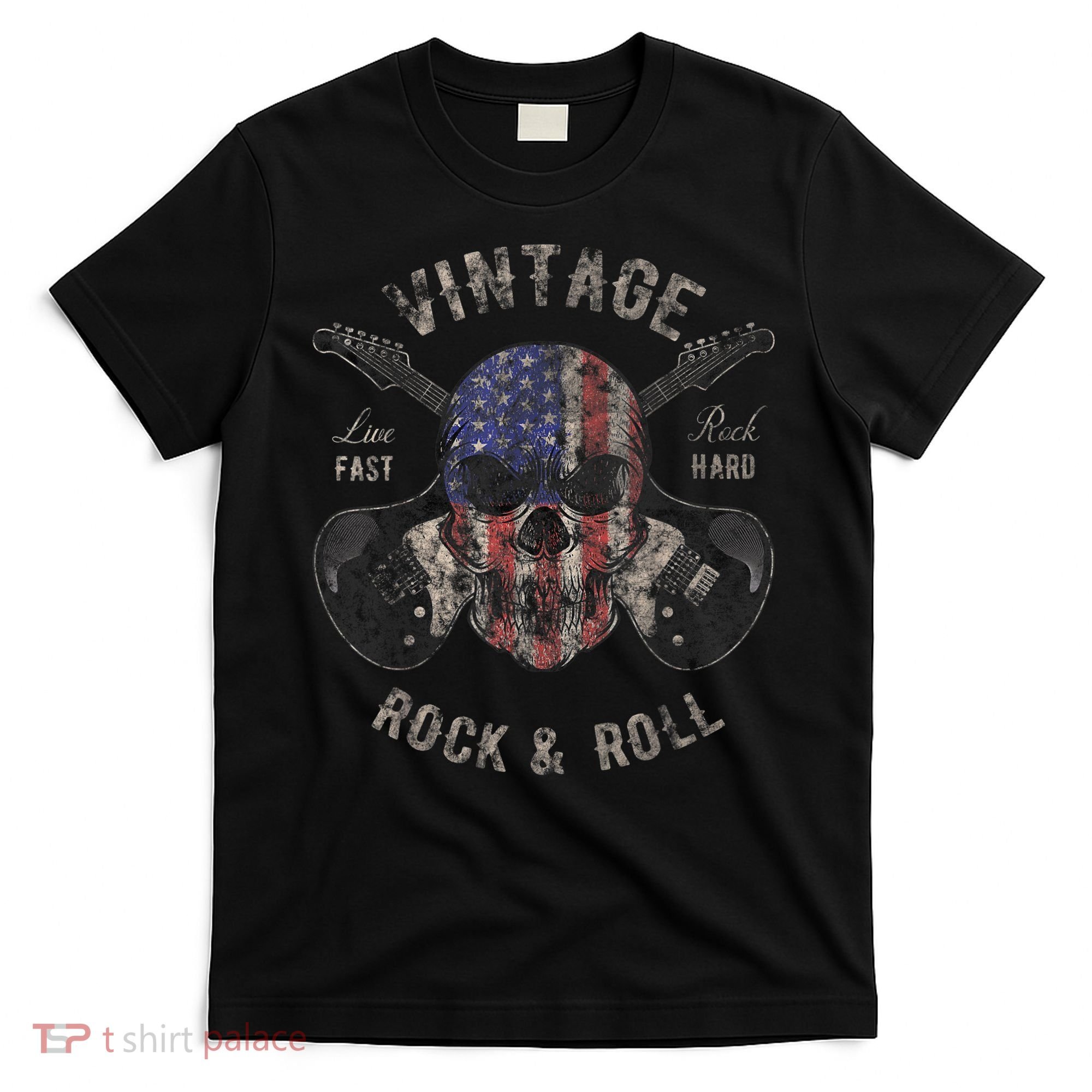 American Flag Guitar Vintage Rock and Roll Skull Guitarist T-Shirt