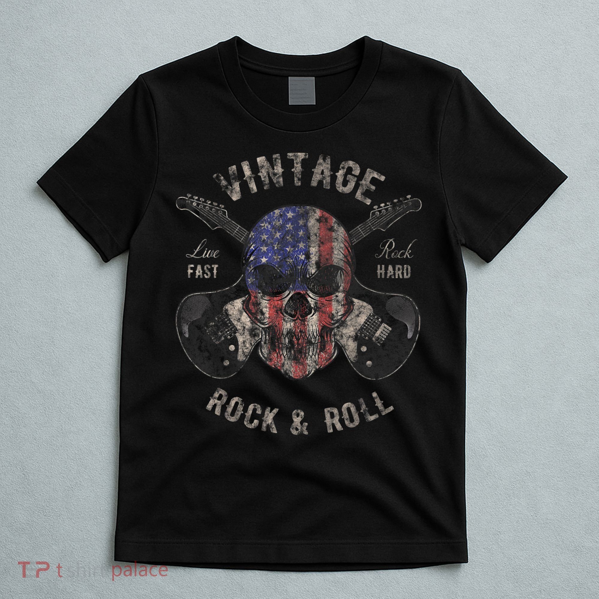 American Flag Guitar Vintage Rock and Roll Skull Guitarist T-Shirt