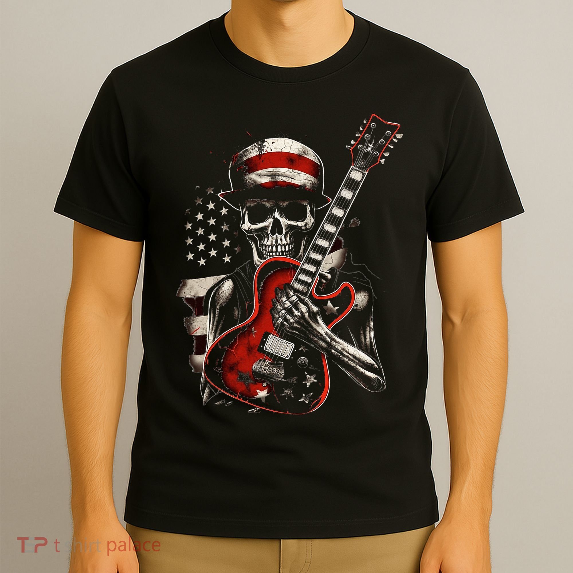 American Flag Guitar Vintage Rock And Roll Skull Guitarist T-Shirt