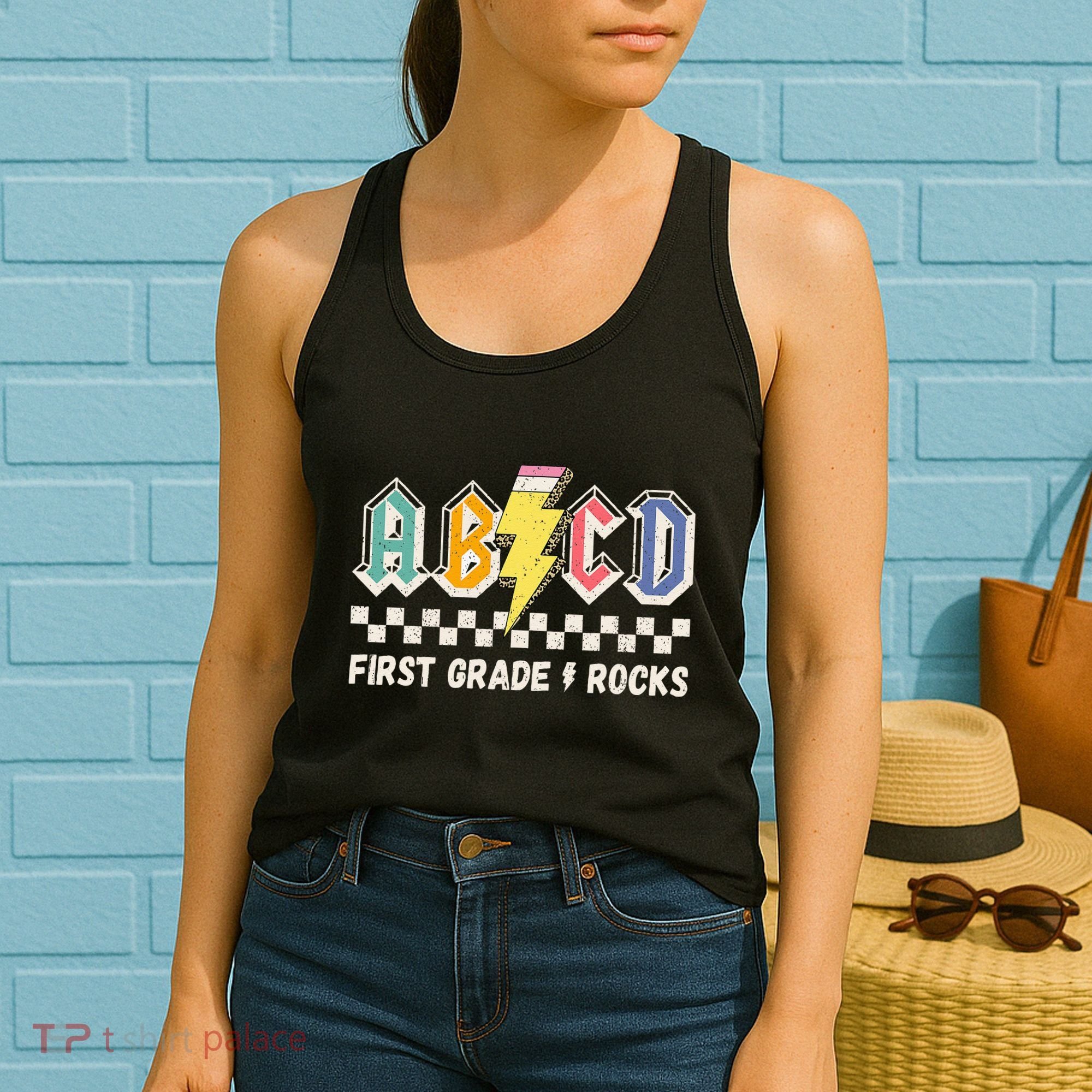ABCD First Grade Rocks Pencil Lightning Teachers Rock Women's Tank Top