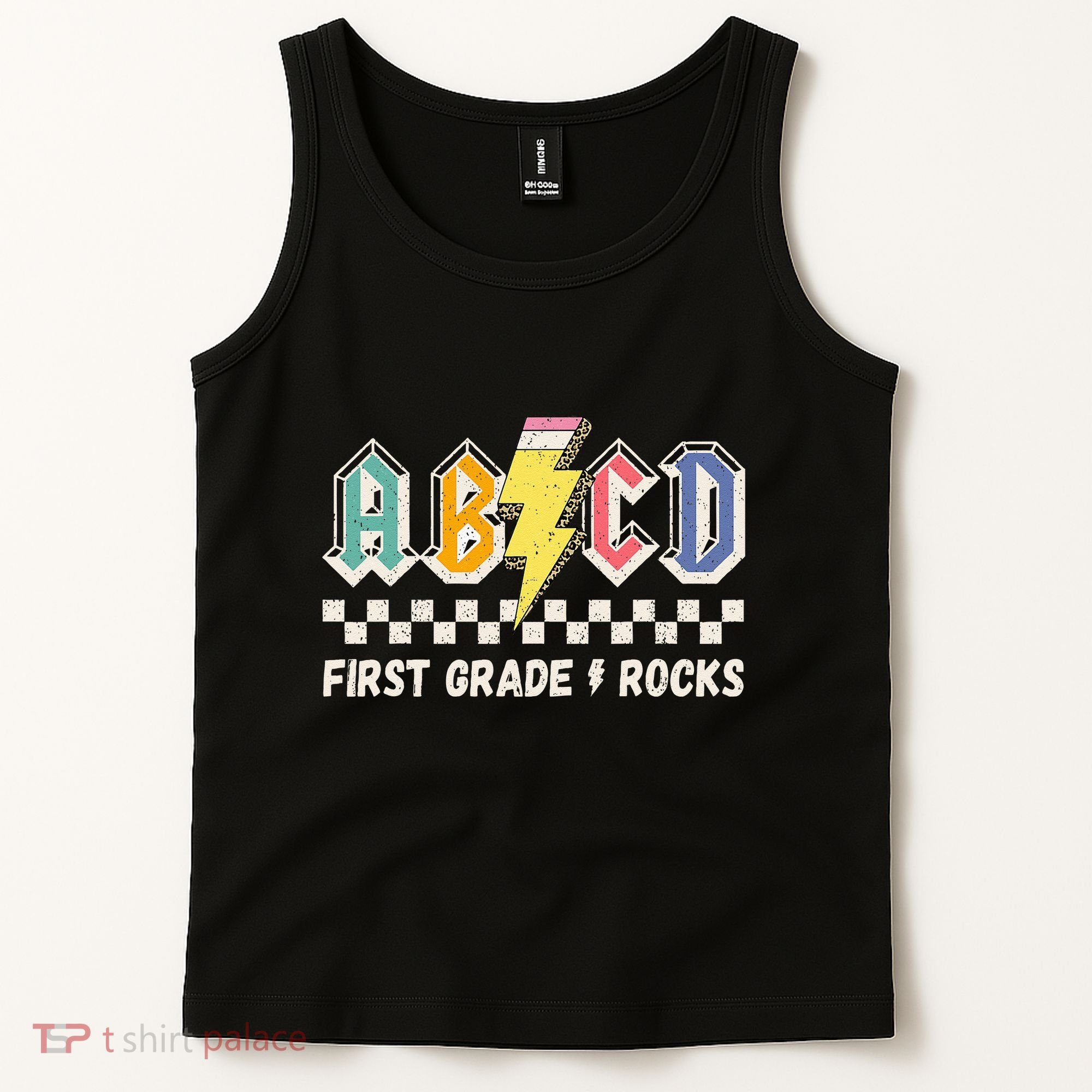 ABCD First Grade Rocks Pencil Lightning Teachers Rock Tank Top