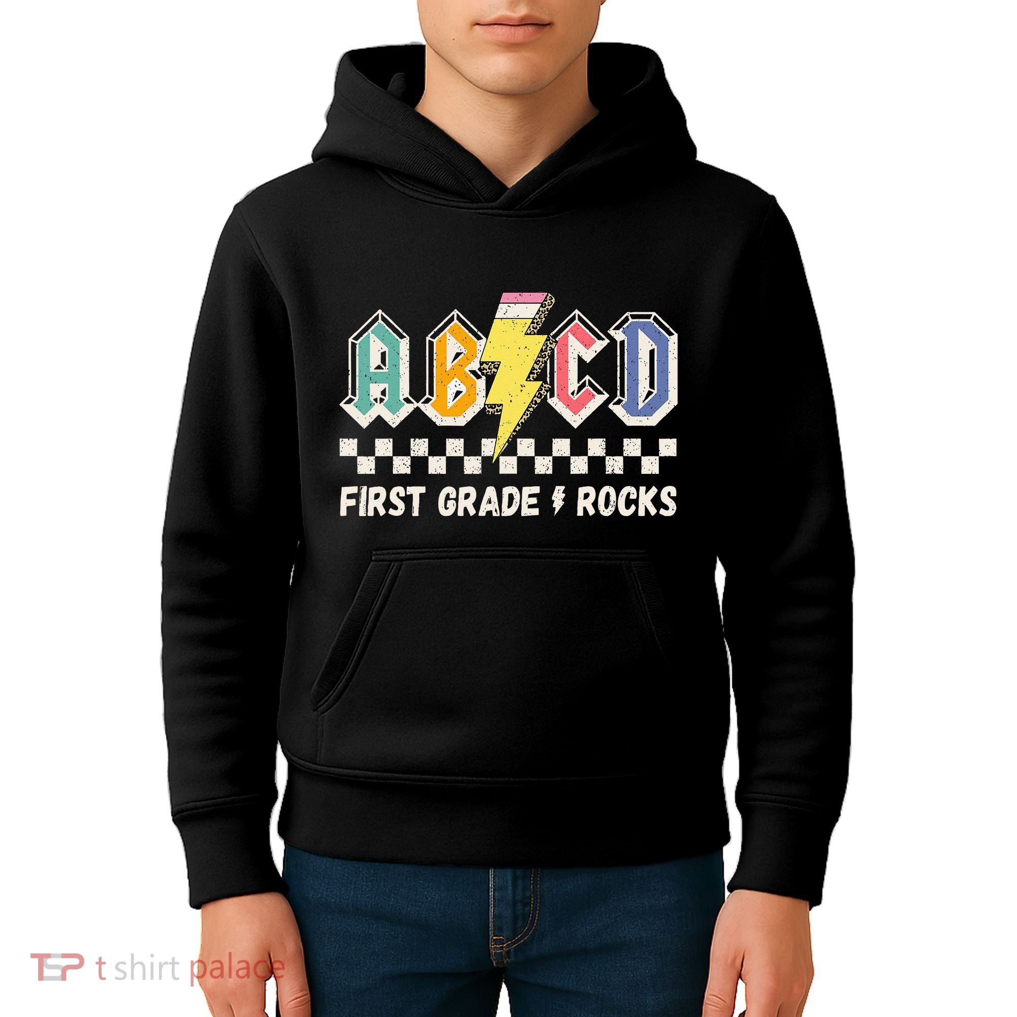 ABCD First Grade Rocks Pencil Lightning Teachers Rock Kids Hoodie