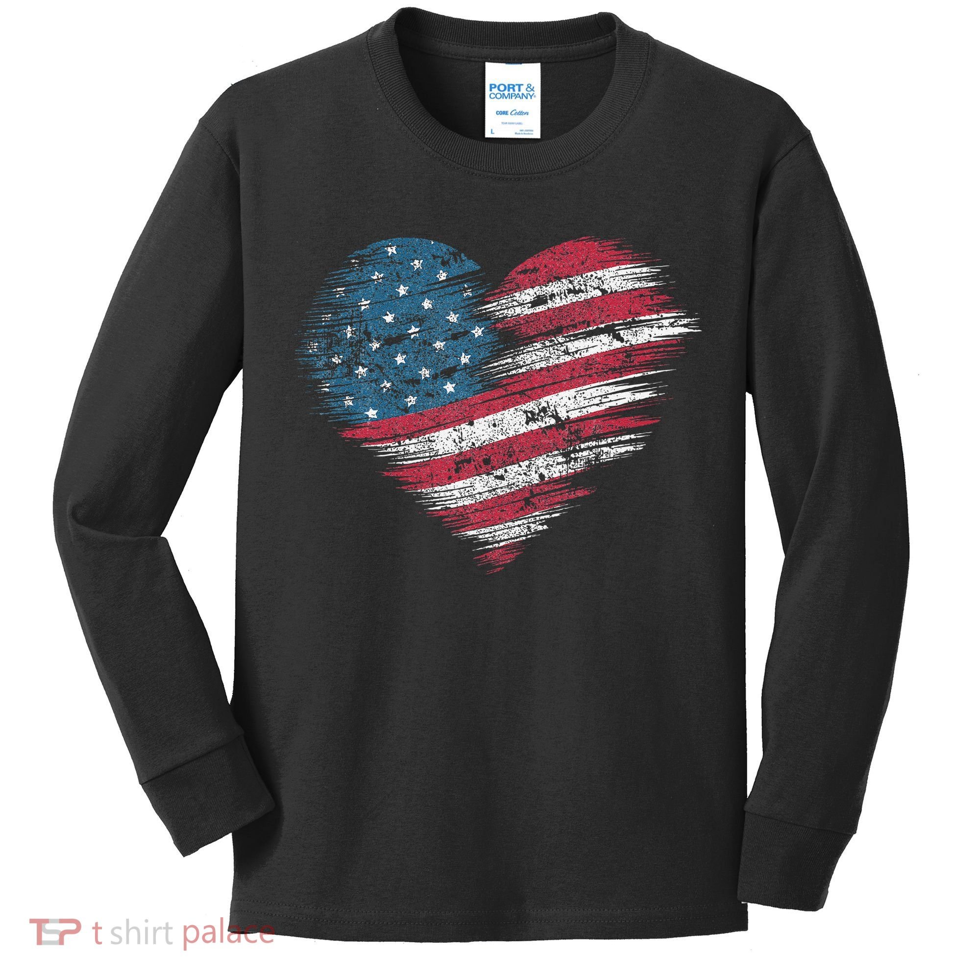 American Flag Heart Women Patriotic 4th Of July Usa Gift Kids Long Sleeve Shirt