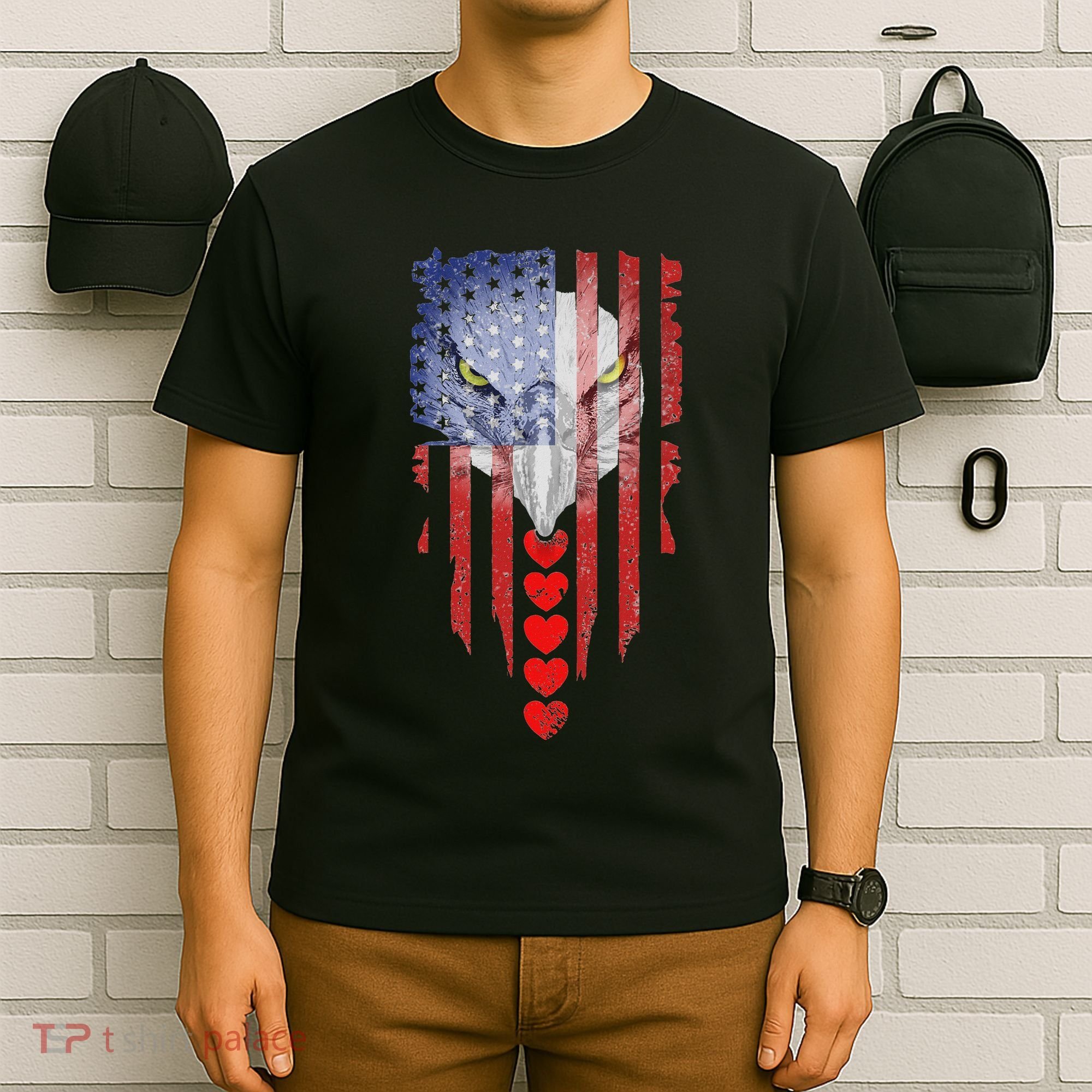 American Flag Hearts Bald Eagle Patriotic Vintage Usa T-Shirt
