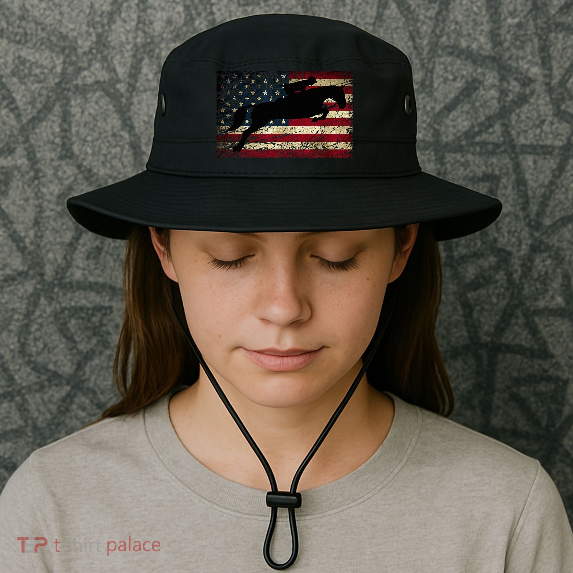 American Flag Horse Riding Show Jumping Bucket Hat