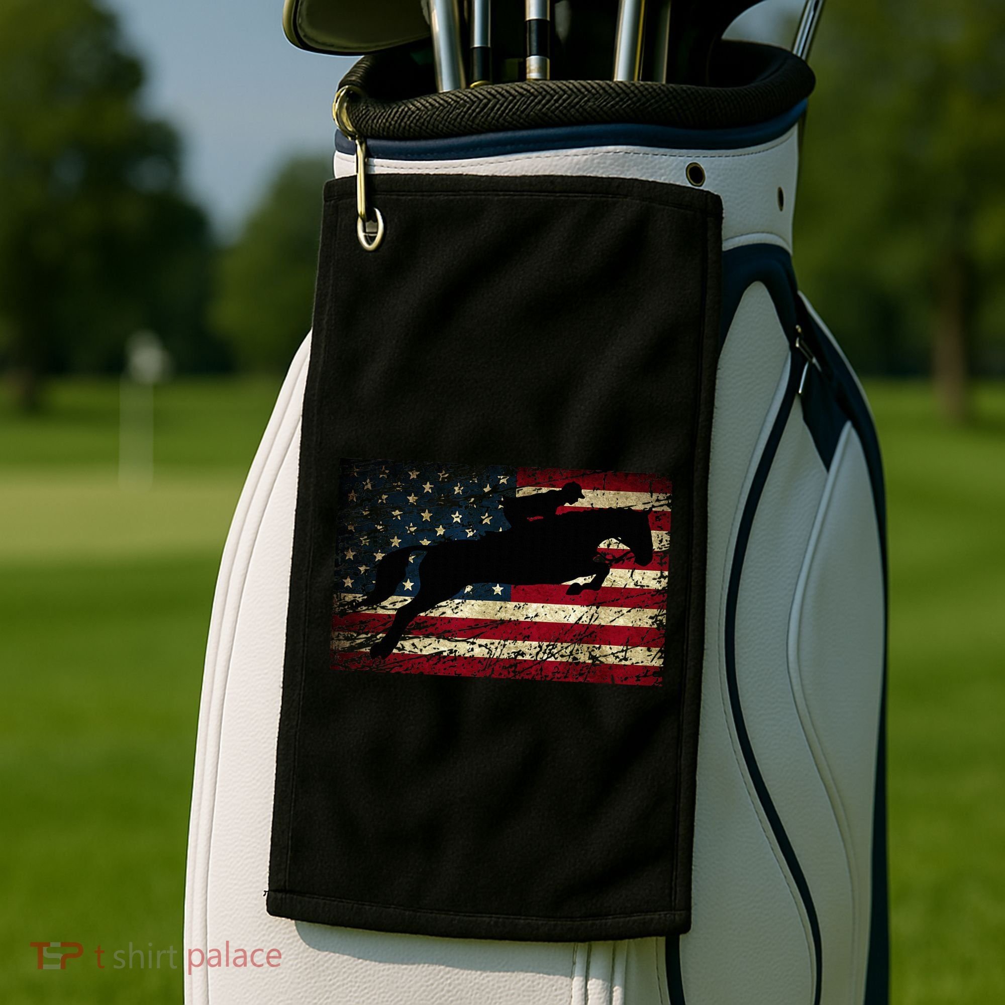 American Flag Horse Riding Show Jumping Golf Towel