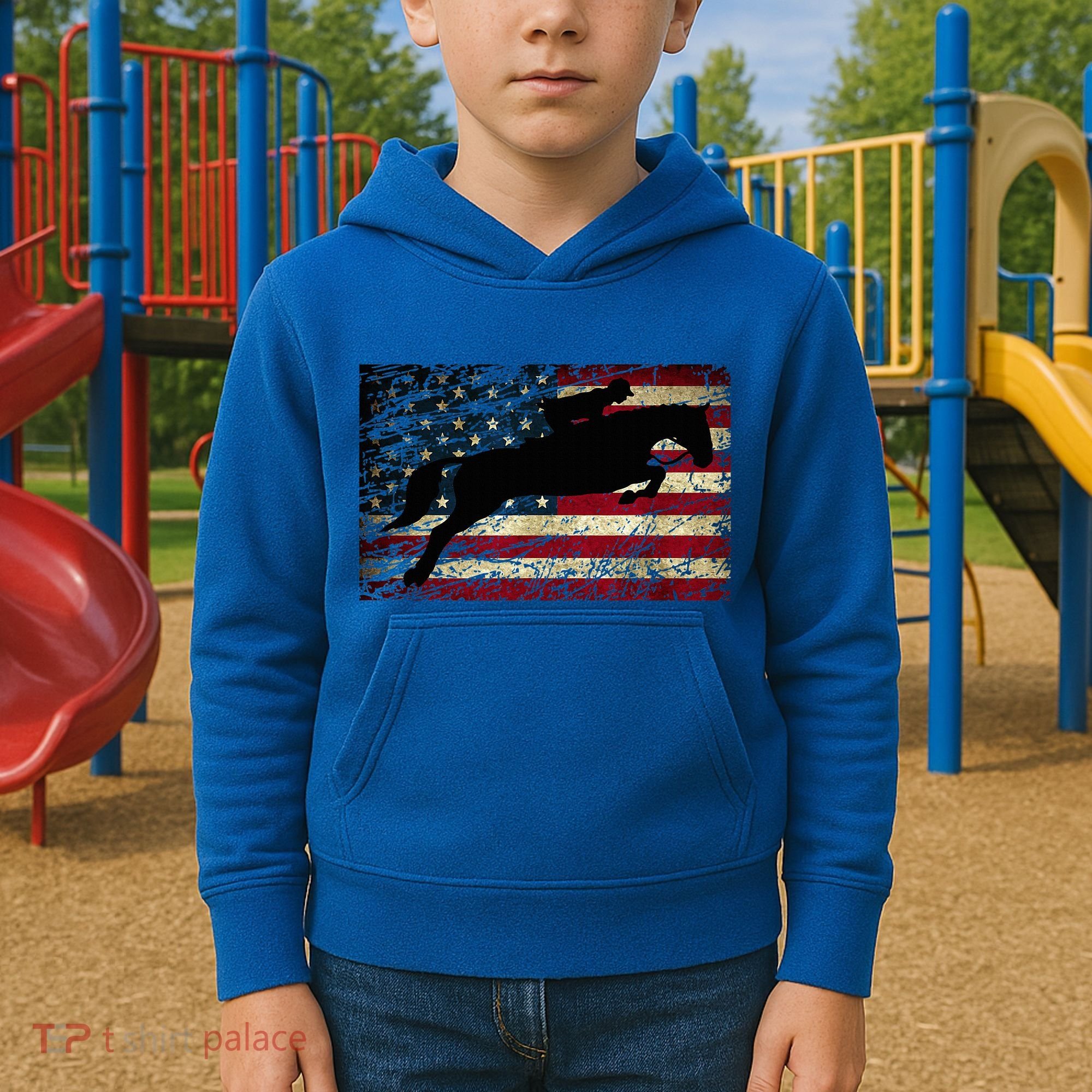 American Flag Horse Riding Show Jumping Kids Hoodie