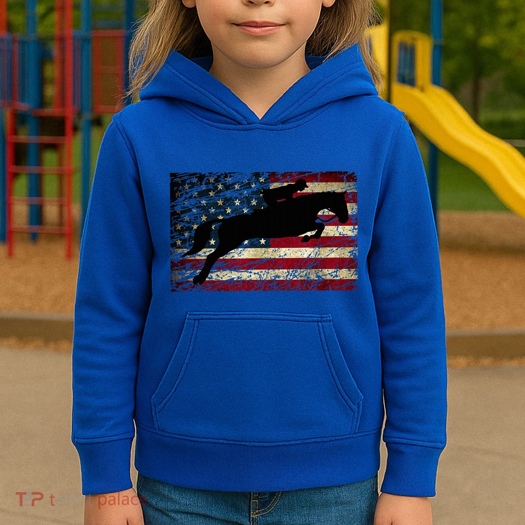 American Flag Horse Riding Show Jumping Kids Hoodie