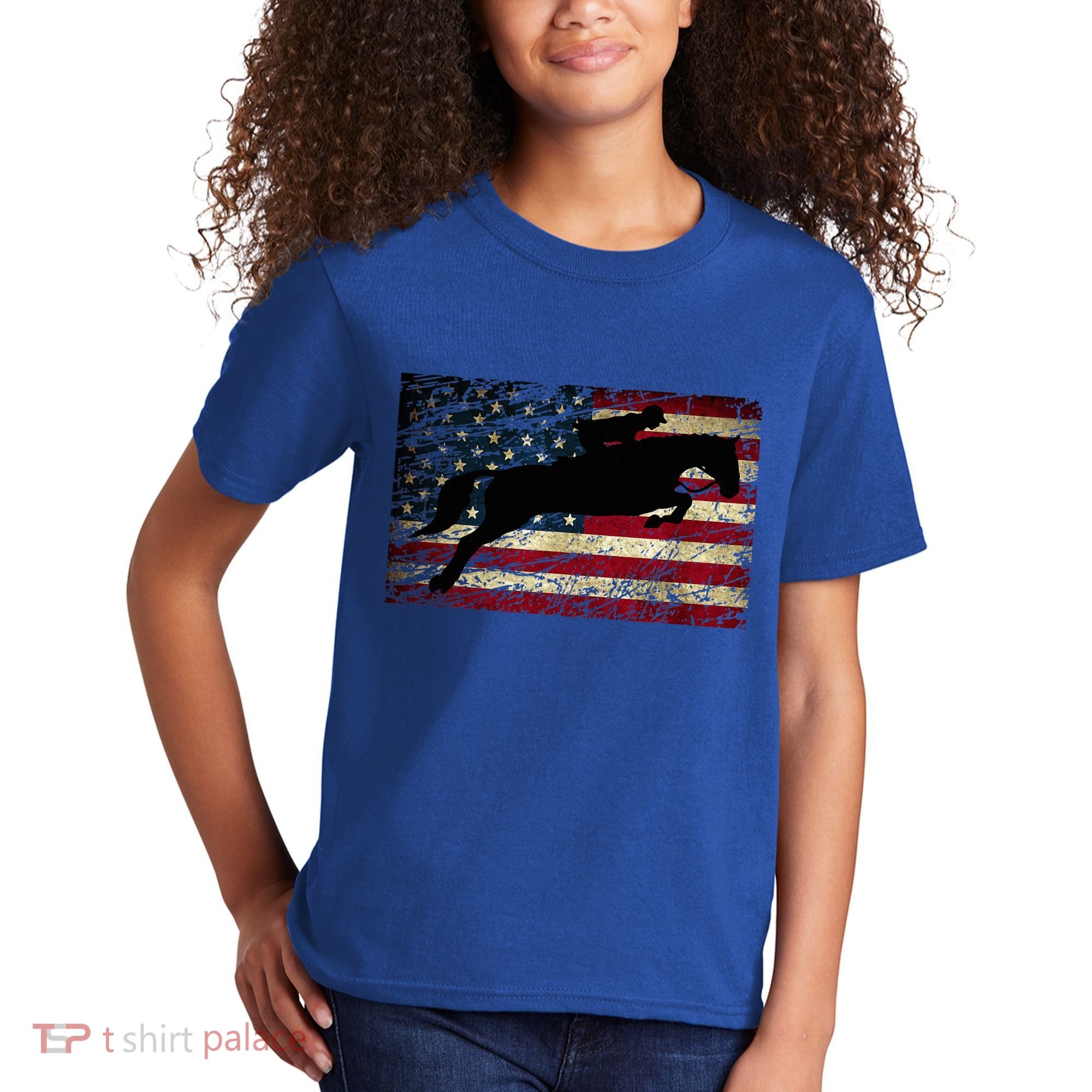 American Flag Horse Riding Show Jumping Kids T-Shirt
