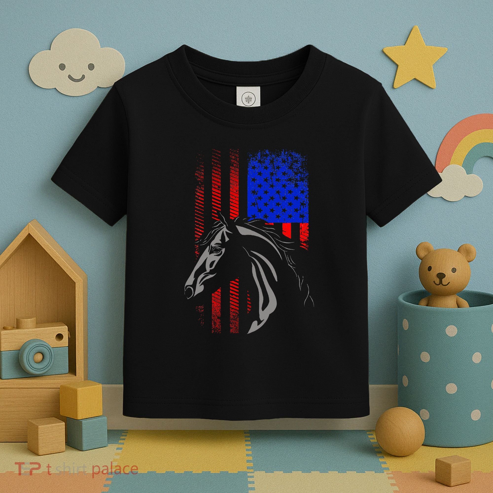 American Flag Horseback Riding Apparel Horse Toddler T-Shirt
