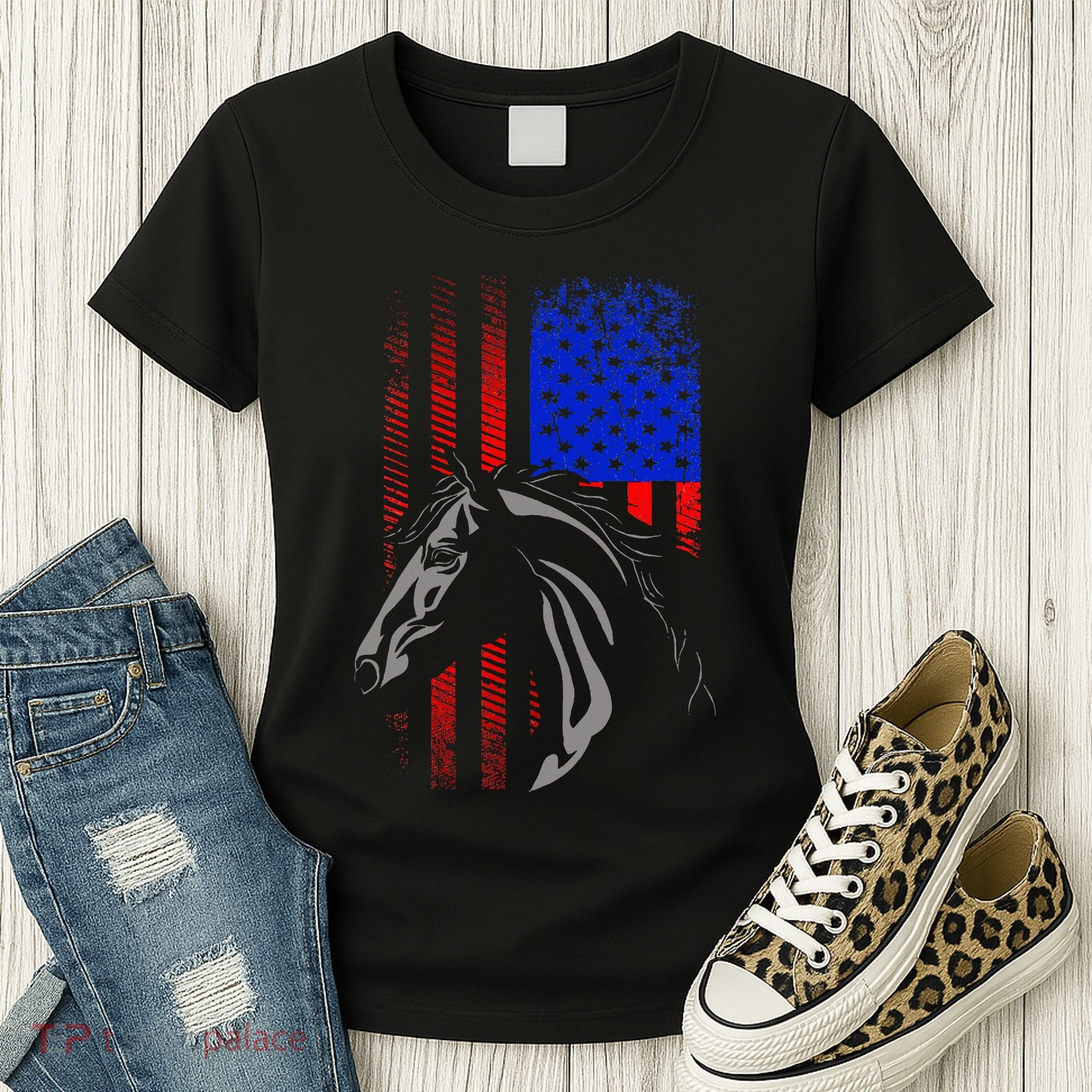 American Flag Horseback Riding Apparel Horse Women's T-Shirt