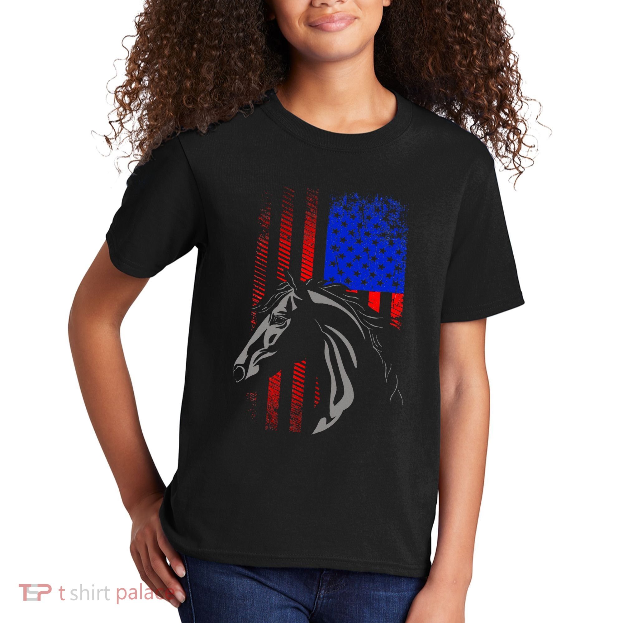 American Flag Horseback Riding Apparel Horse Kids T-Shirt