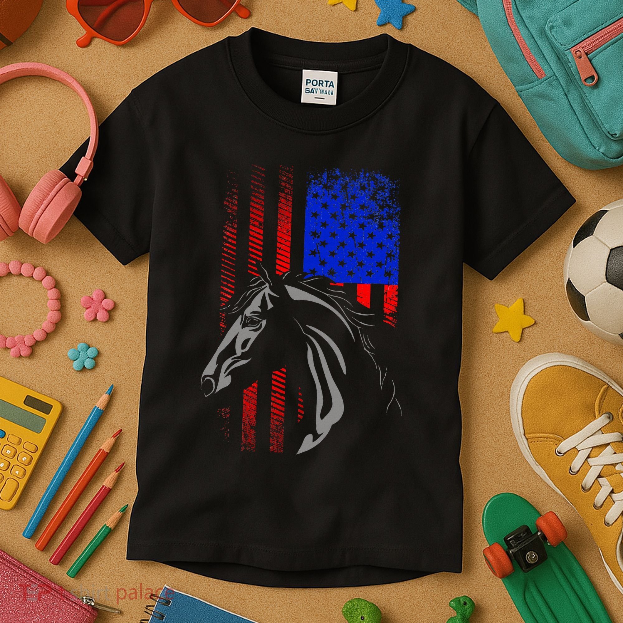 American Flag Horseback Riding Apparel Horse Kids T-Shirt