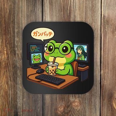 Anime Frog IT Geek Otaku Coding Desk Boba Lover Gift Coaster