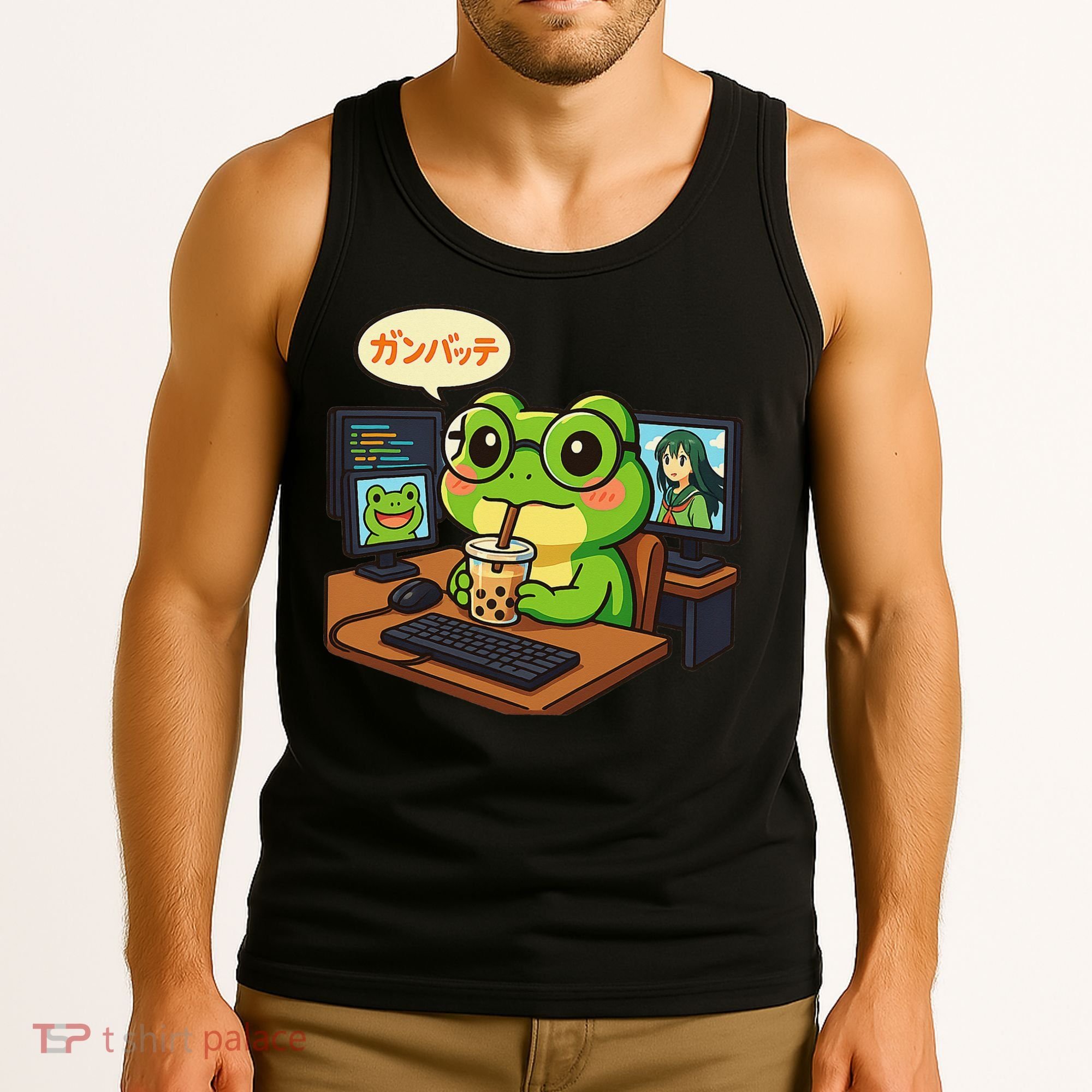 Anime Frog IT Geek Otaku Coding Desk Boba Lover Gift Tank Top