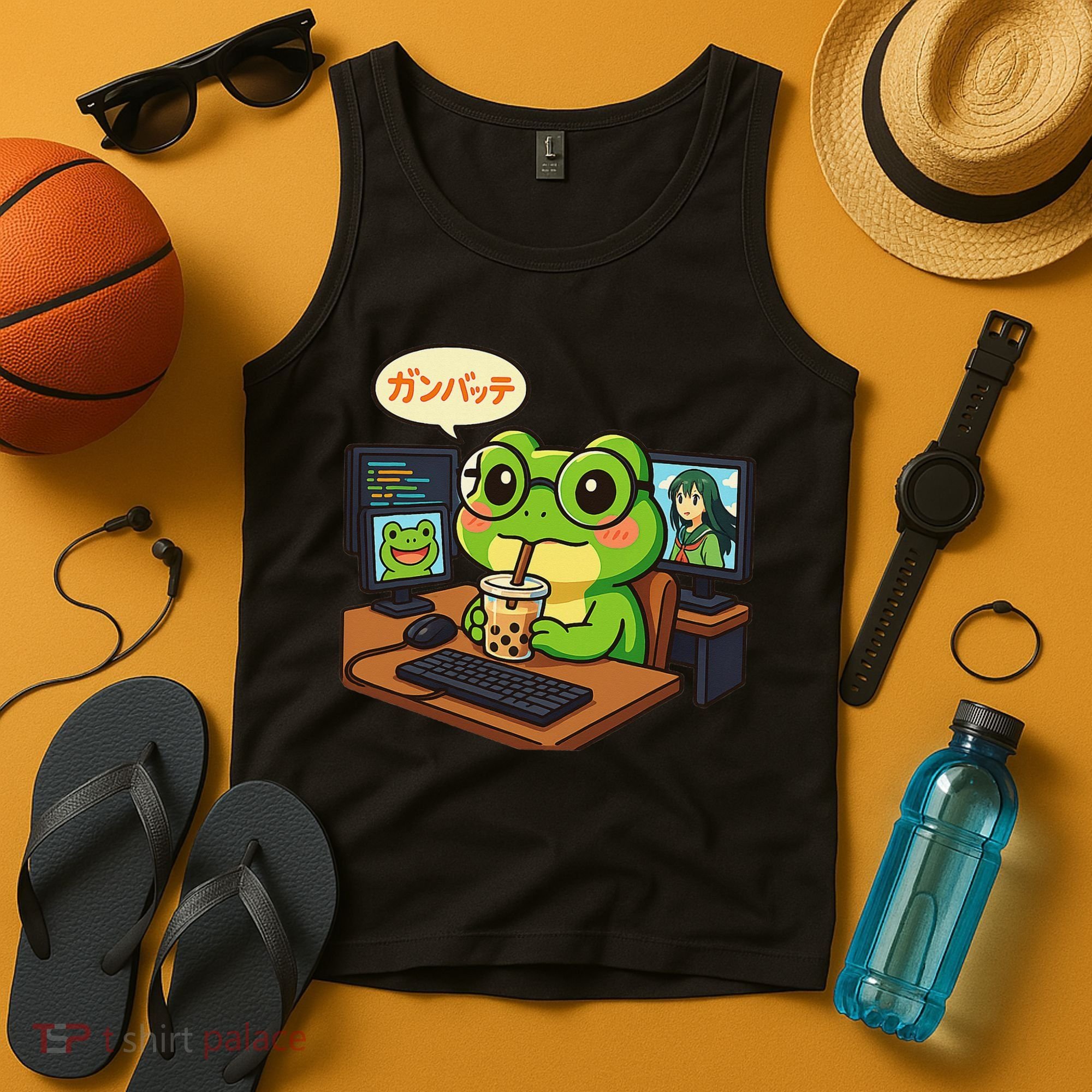 Anime Frog IT Geek Otaku Coding Desk Boba Lover Gift Tank Top