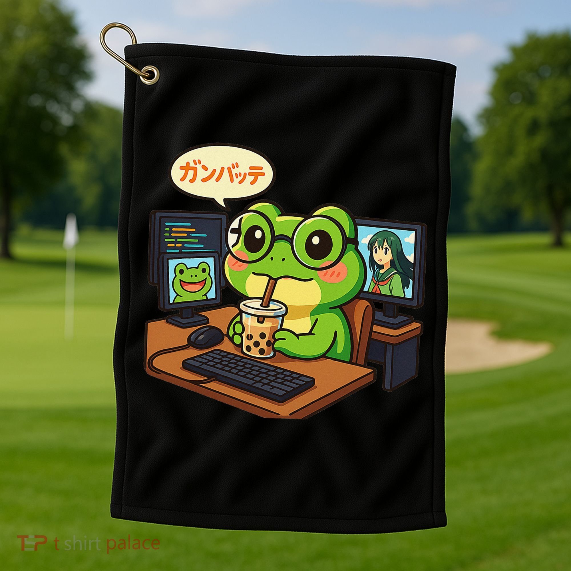 Anime Frog IT Geek Otaku Coding Desk Boba Lover Gift Golf Towel