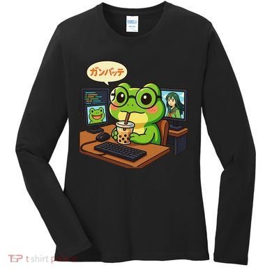 Anime Frog IT Geek Otaku Coding Desk Boba Lover Gift Women's Long Sleeve Shirt