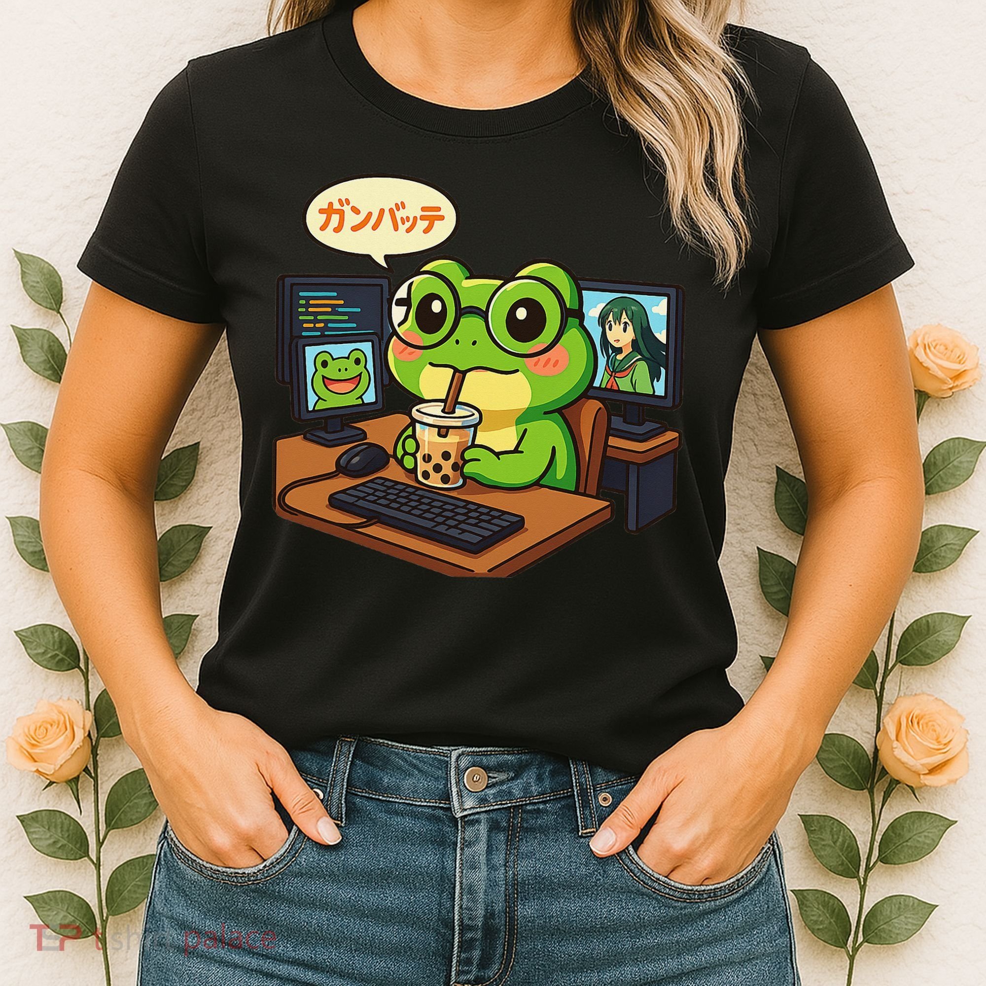 Anime Frog IT Geek Otaku Coding Desk Boba Lover Gift Women's T-Shirt