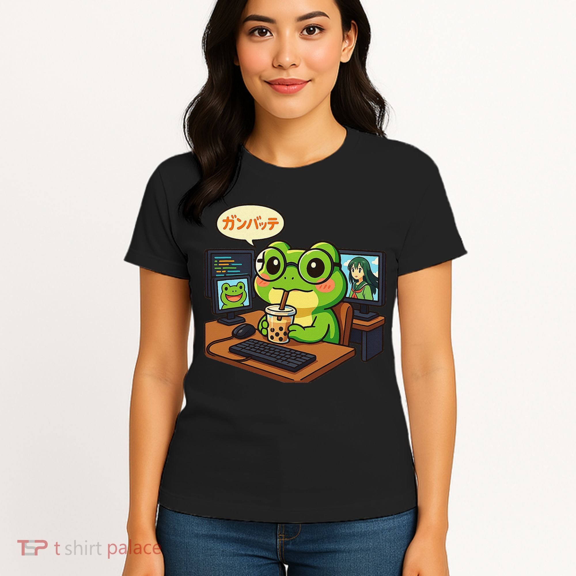 Anime Frog IT Geek Otaku Coding Desk Boba Lover Gift Women's T-Shirt