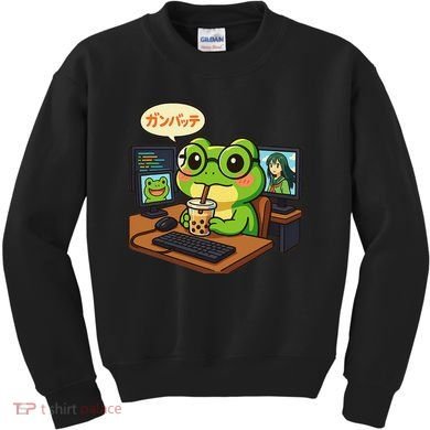 Anime Frog IT Geek Otaku Coding Desk Boba Lover Gift Kids Sweatshirt