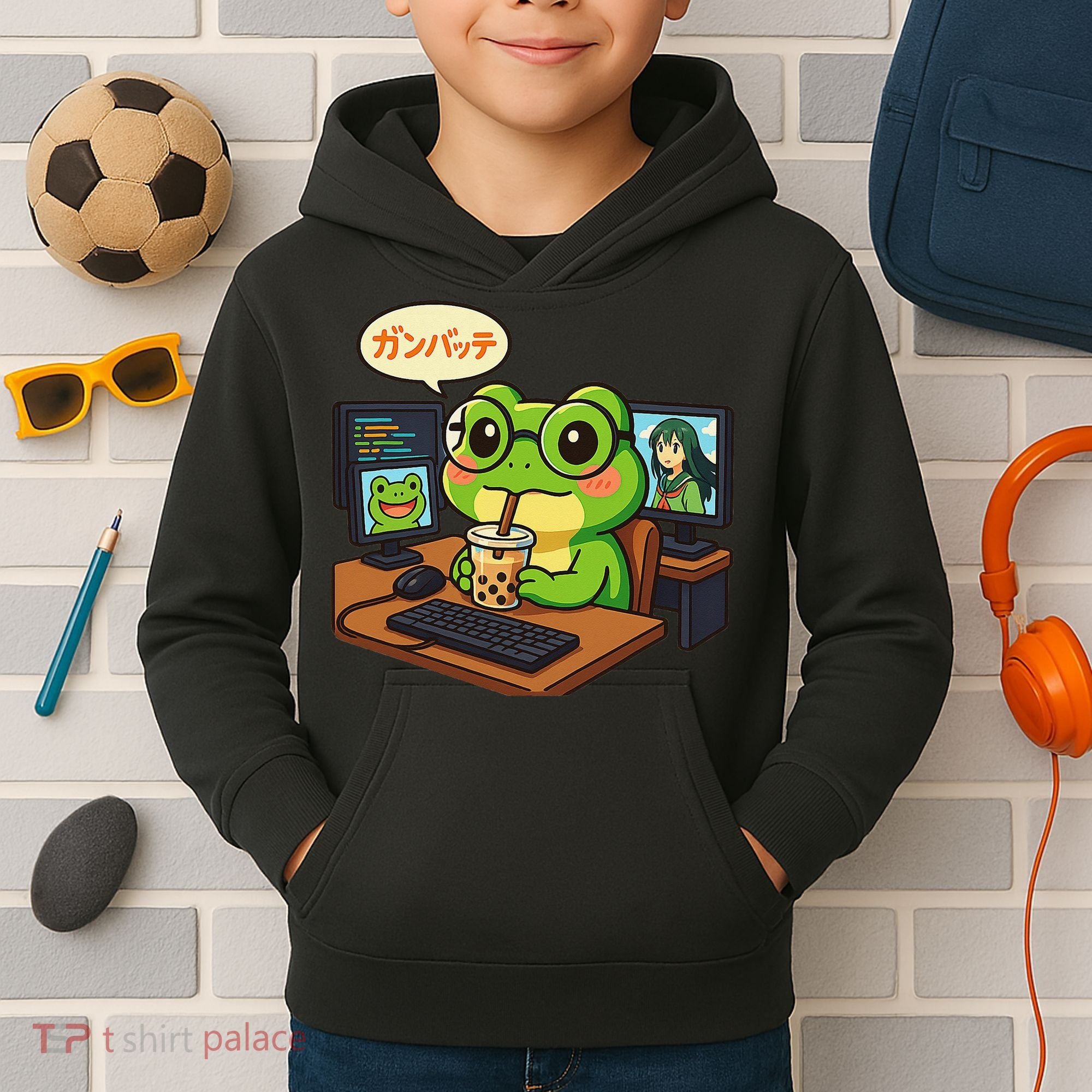 Anime Frog IT Geek Otaku Coding Desk Boba Lover Gift Kids Hoodie