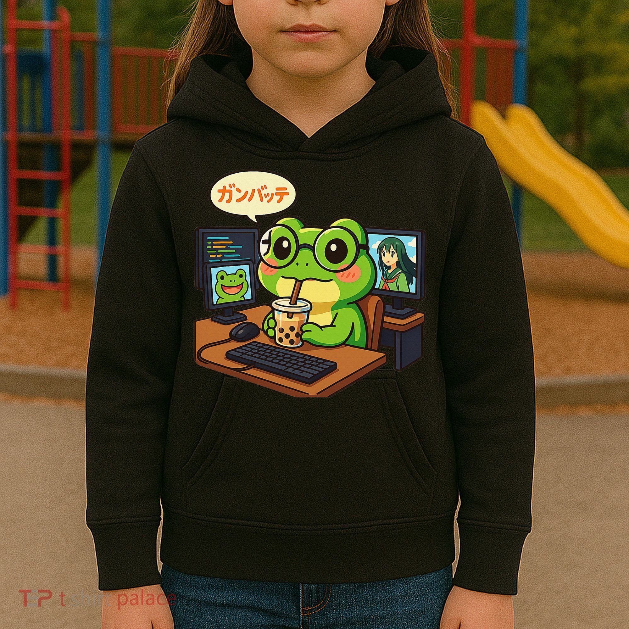 Anime Frog IT Geek Otaku Coding Desk Boba Lover Gift Kids Hoodie